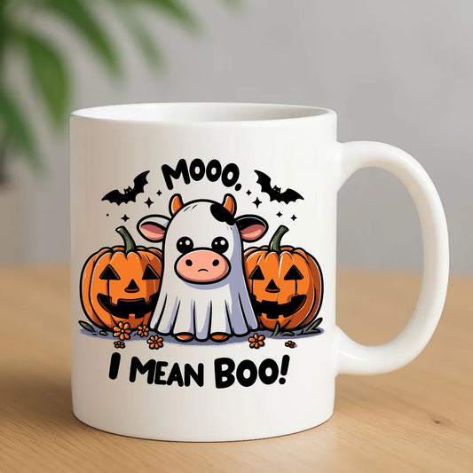 Kubek na Halloween - Mooo I mean Boo! - z dynią i duchem HL14 - StoryCups.pl