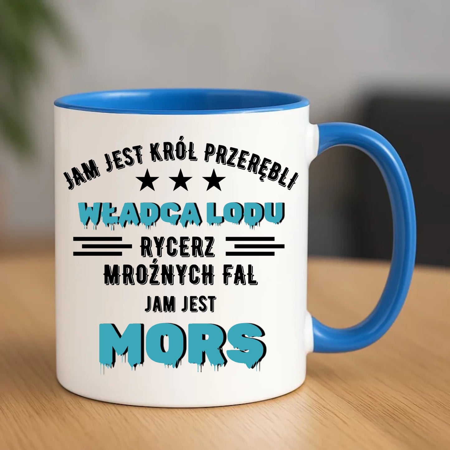 Ceramiczny niebieski kubek z nadrukiem na prezent