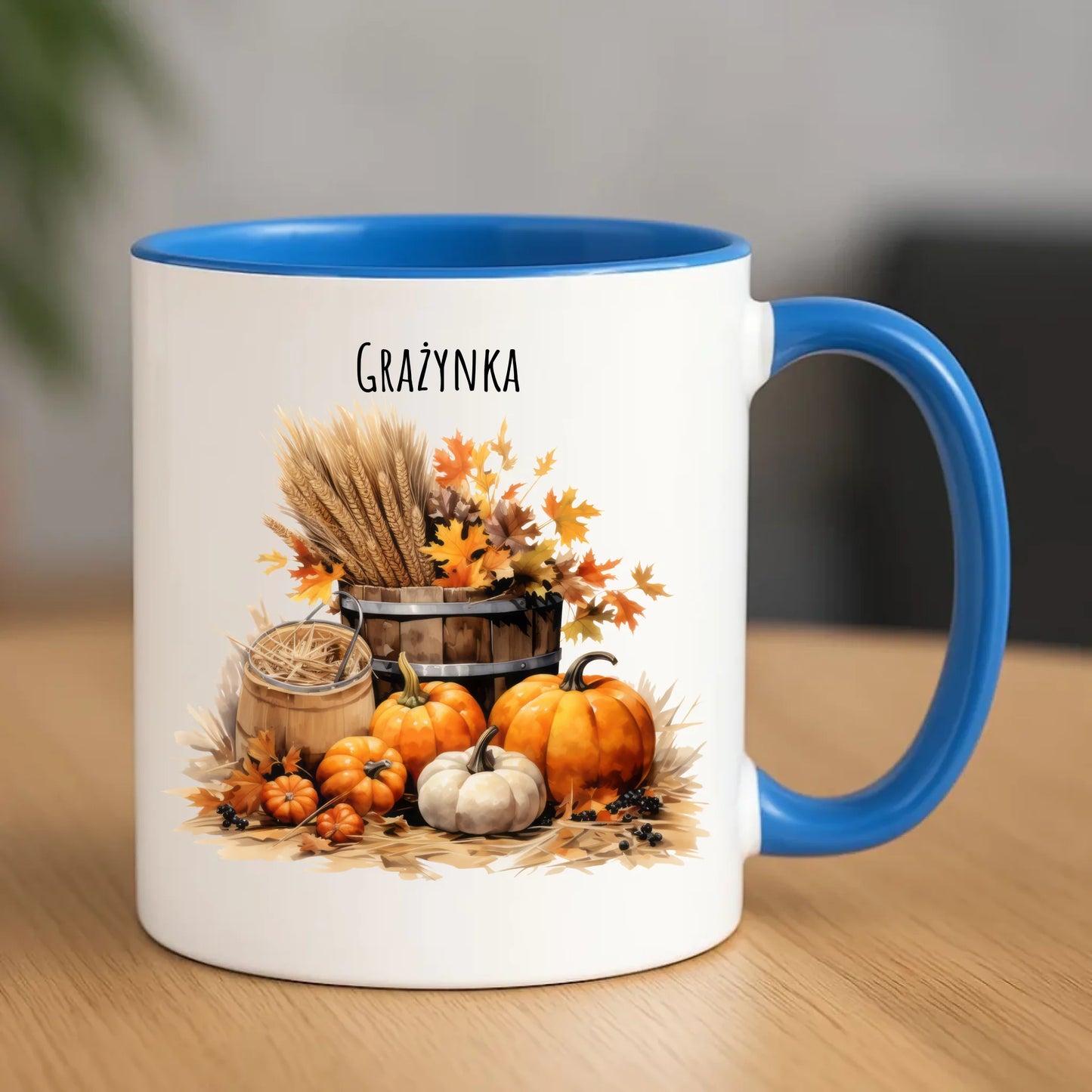 Ceramiczny niebieski kubek z nadrukiem na prezent