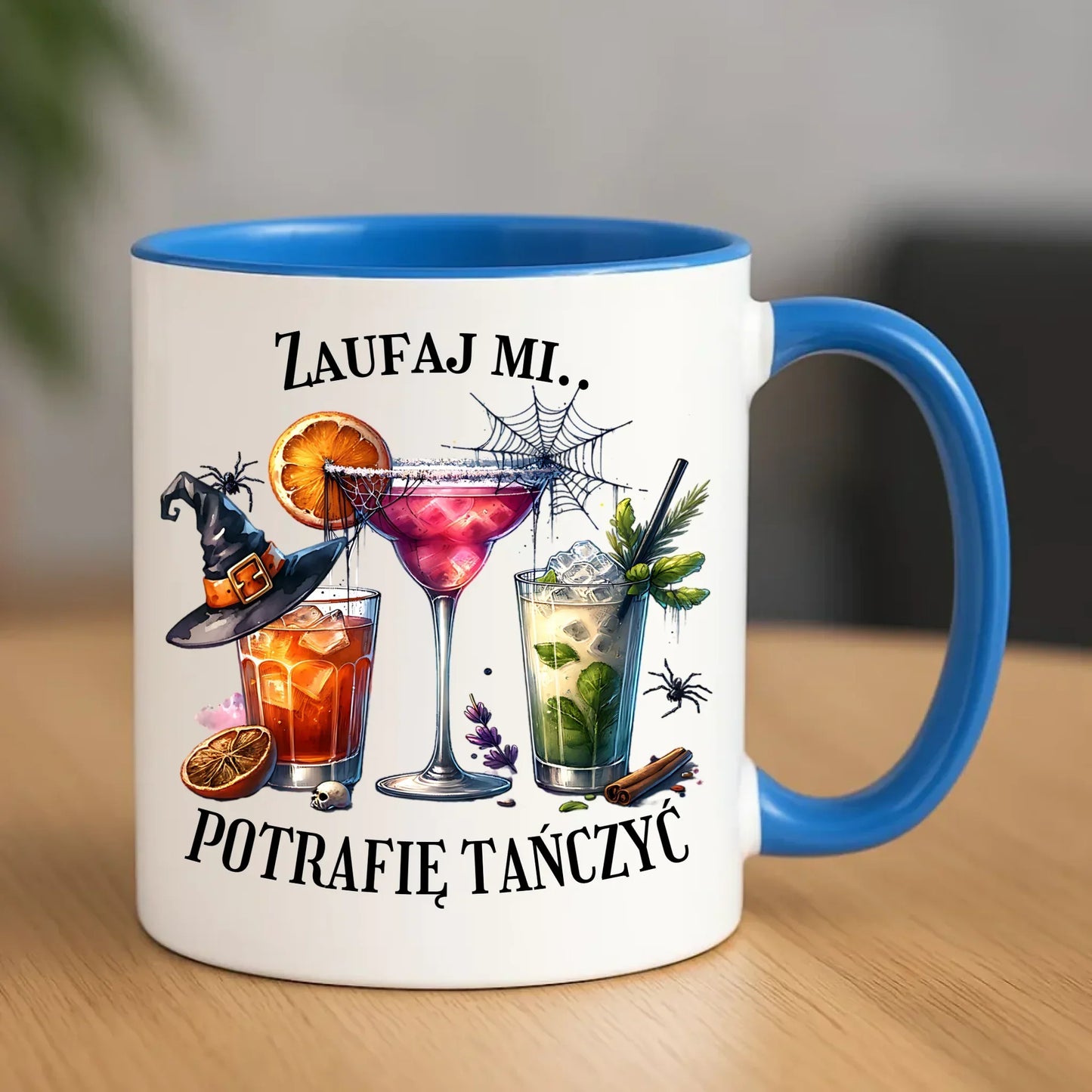 Ceramiczny niebieski kubek z nadrukiem na prezent