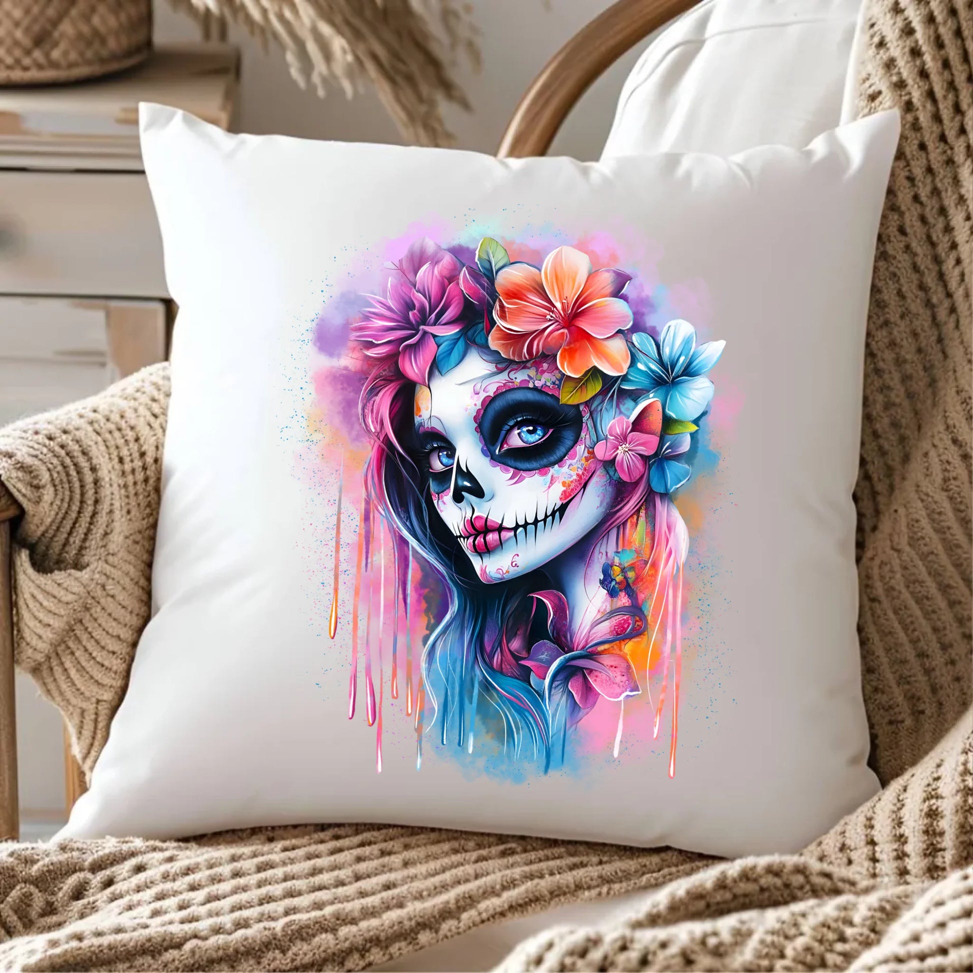 Poduszka Halloween - kolorowa czaszka z kwiatami La Muerte HL05 - StoryCups.pl