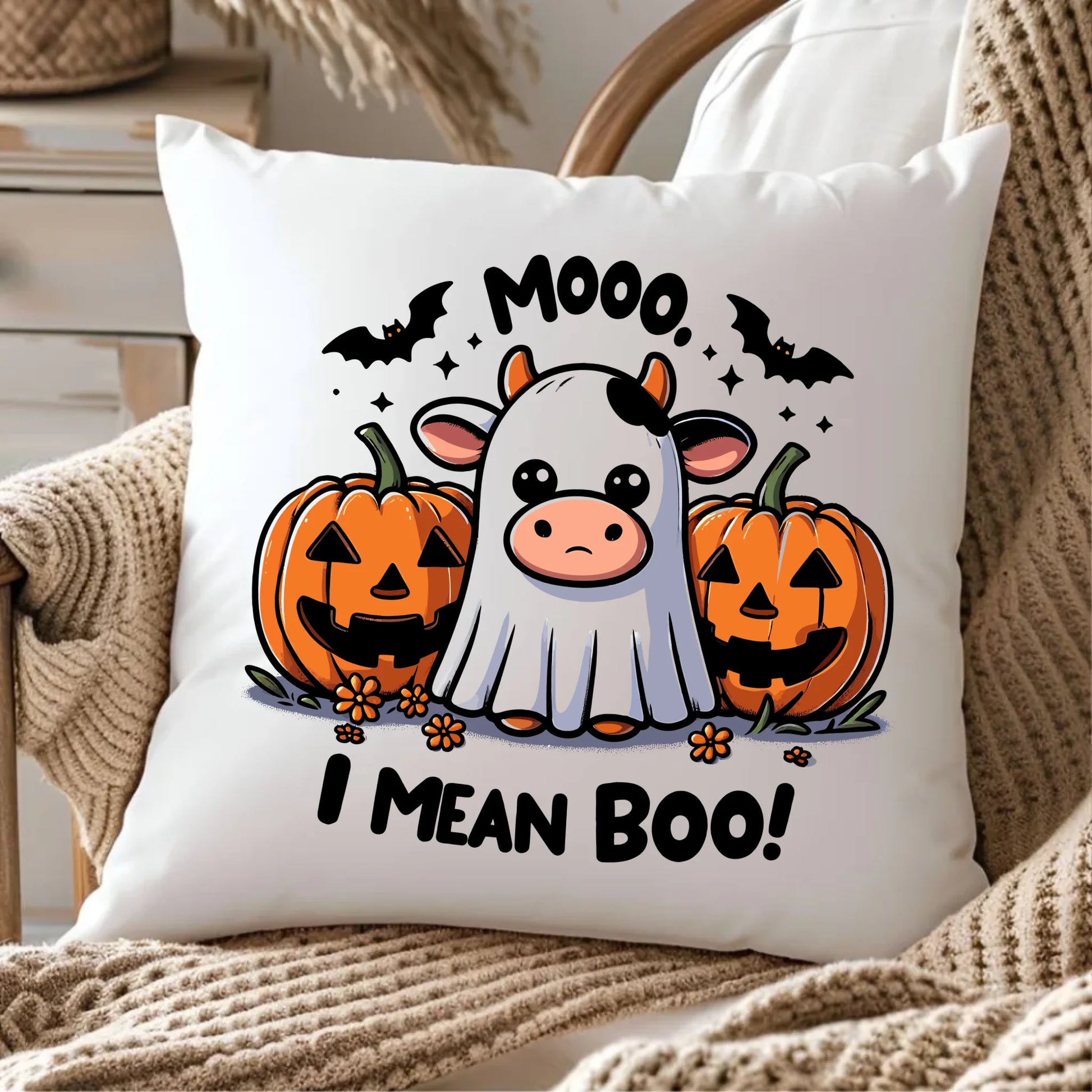 Poduszka na Halloween - Mooo I mean Boo! - z dynią i duchem HL14 - StoryCups.pl
