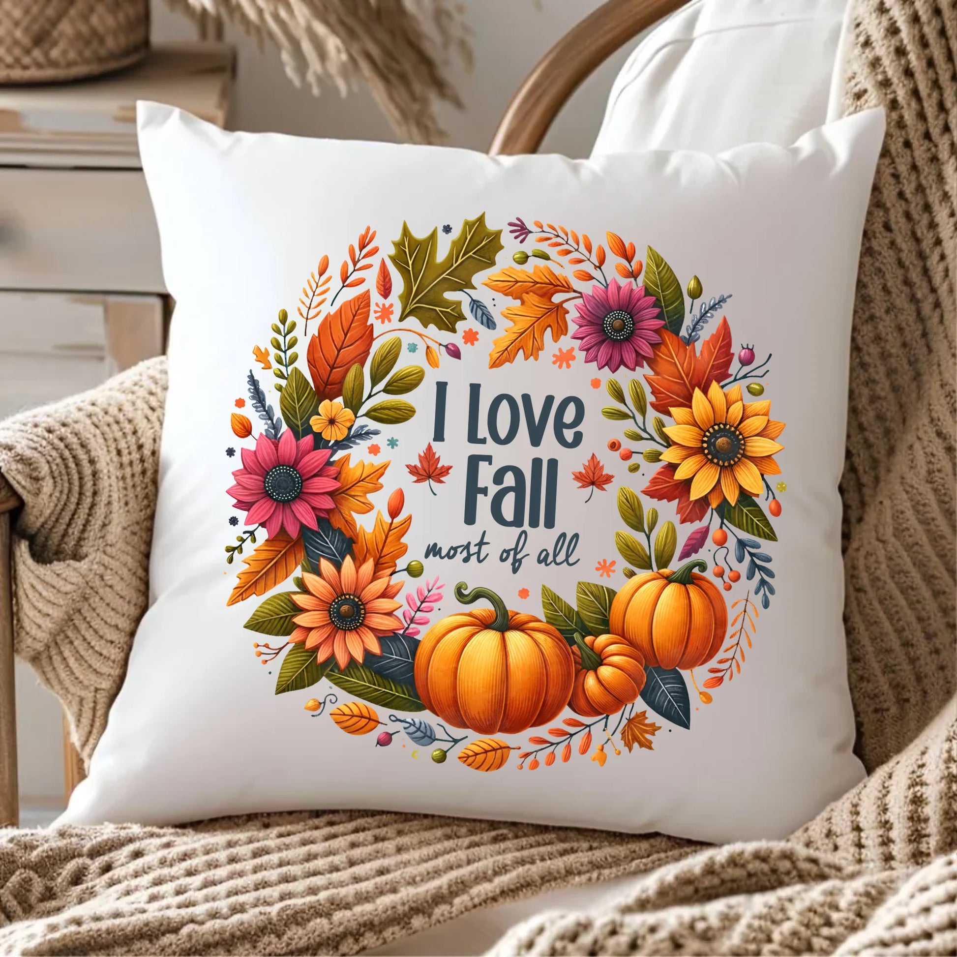 Poduszka jesienna - Kocham jesień - dynia z liśćmi JS03 - StoryCups.pl