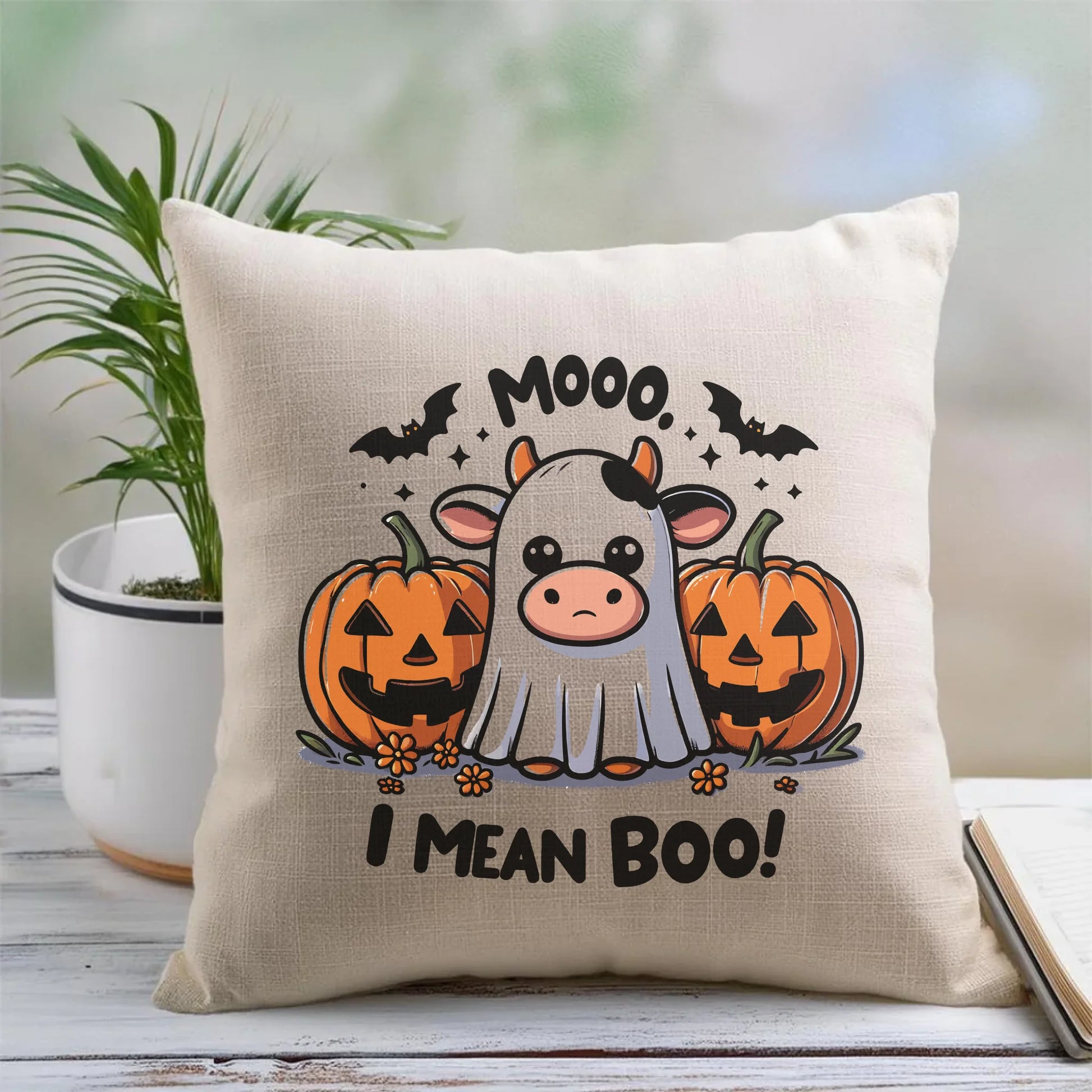 Poduszka na Halloween - Mooo I mean Boo! - z dynią i duchem HL14 - StoryCups.pl