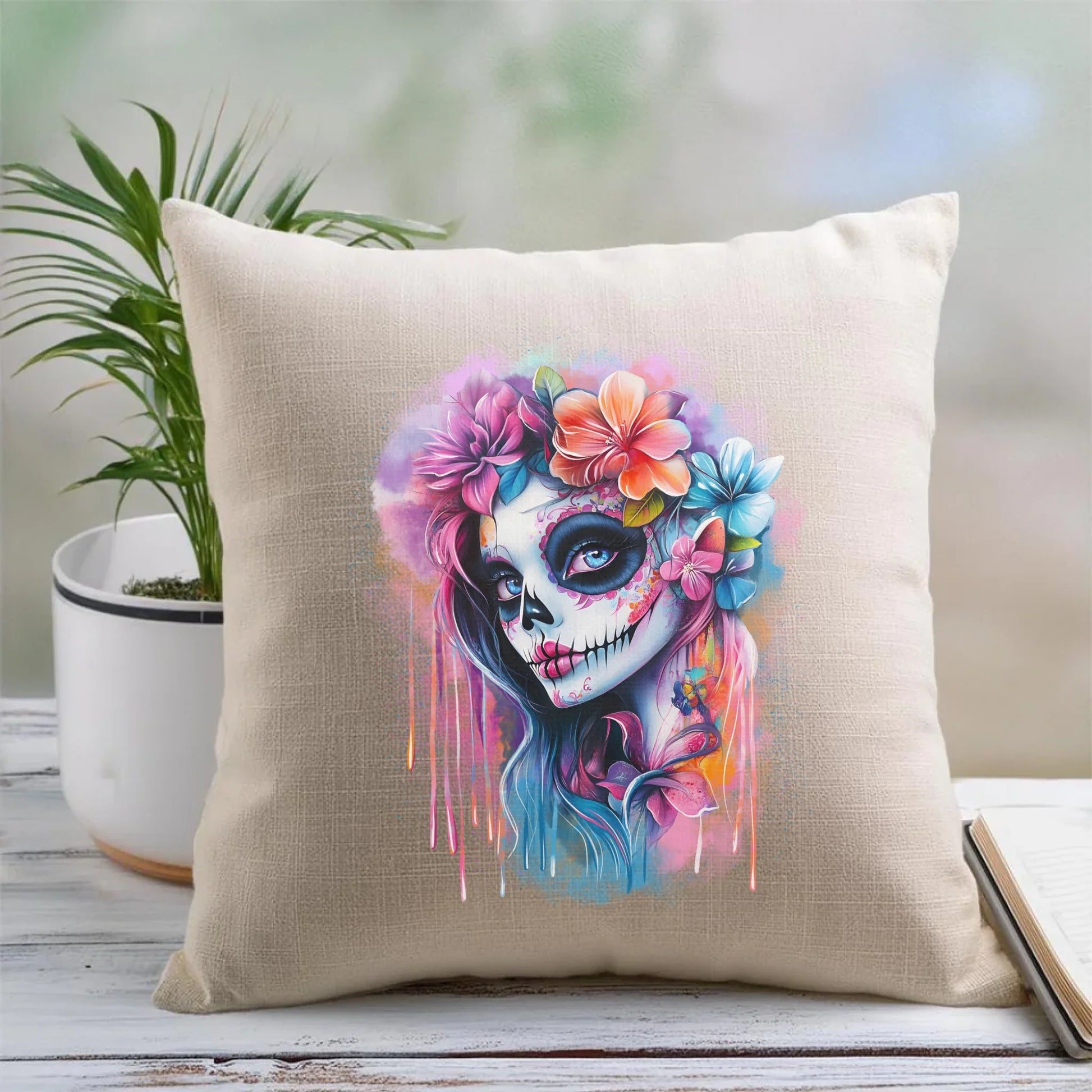 Poduszka Halloween - kolorowa czaszka z kwiatami La Muerte HL05 - StoryCups.pl