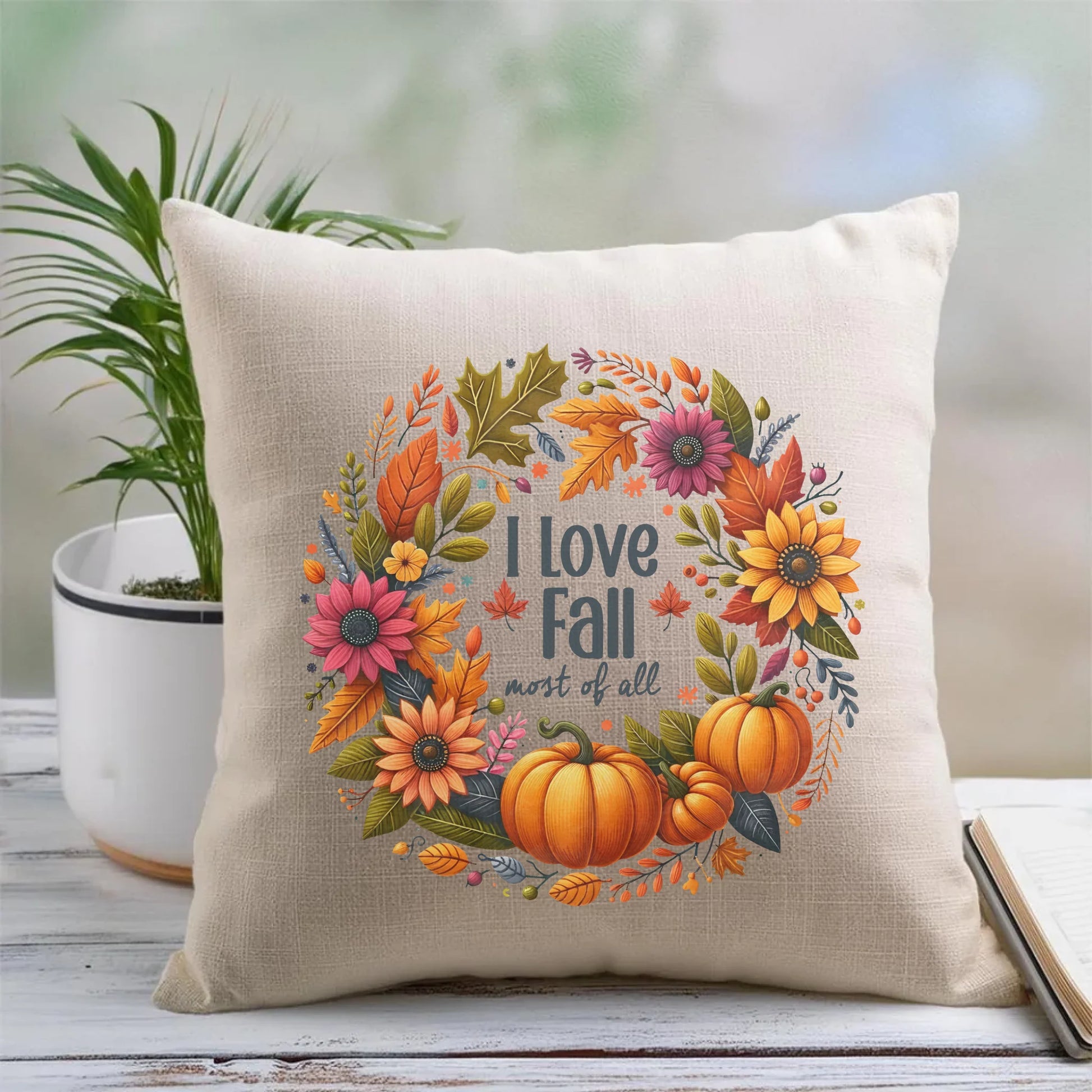 Poduszka jesienna - Kocham jesień - dynia z liśćmi JS03 - StoryCups.pl