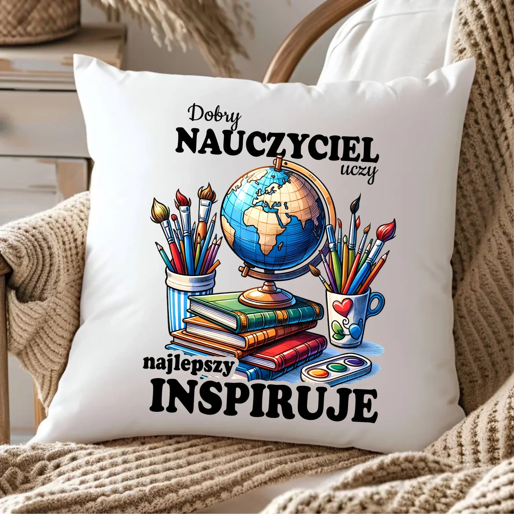 Najlepszy nauczyciel inspiruje | Poduszka prezent dla nauczyciela N72 - StoryCups.pl