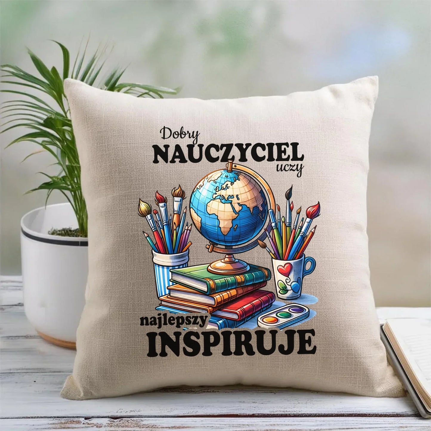 Najlepszy nauczyciel inspiruje | Poduszka prezent dla nauczyciela N72 - StoryCups.pl