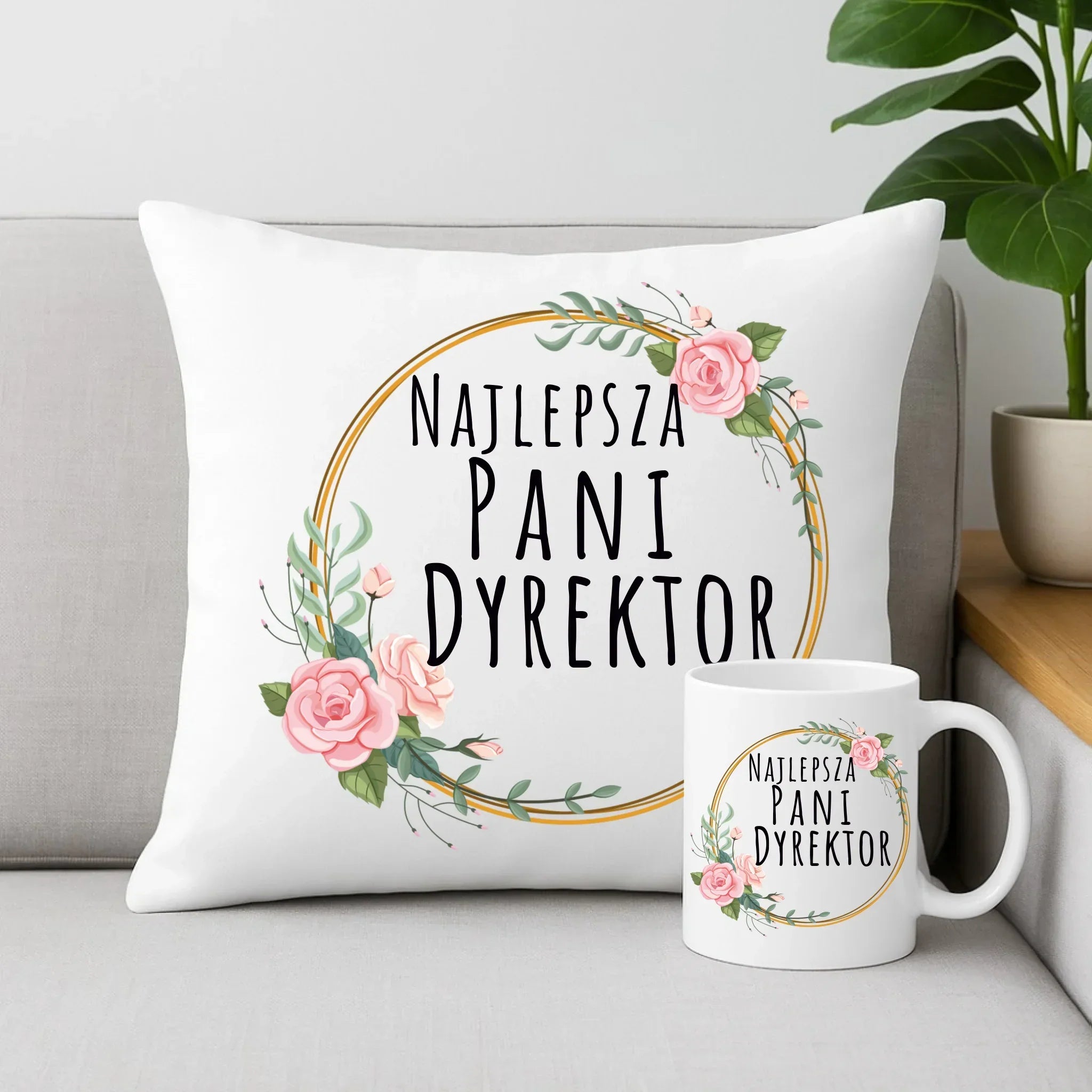 Pani Dyrektor | Zestaw poduszka i kubek prezent dla dyrektorki szkoły N77 - StoryCups.pl