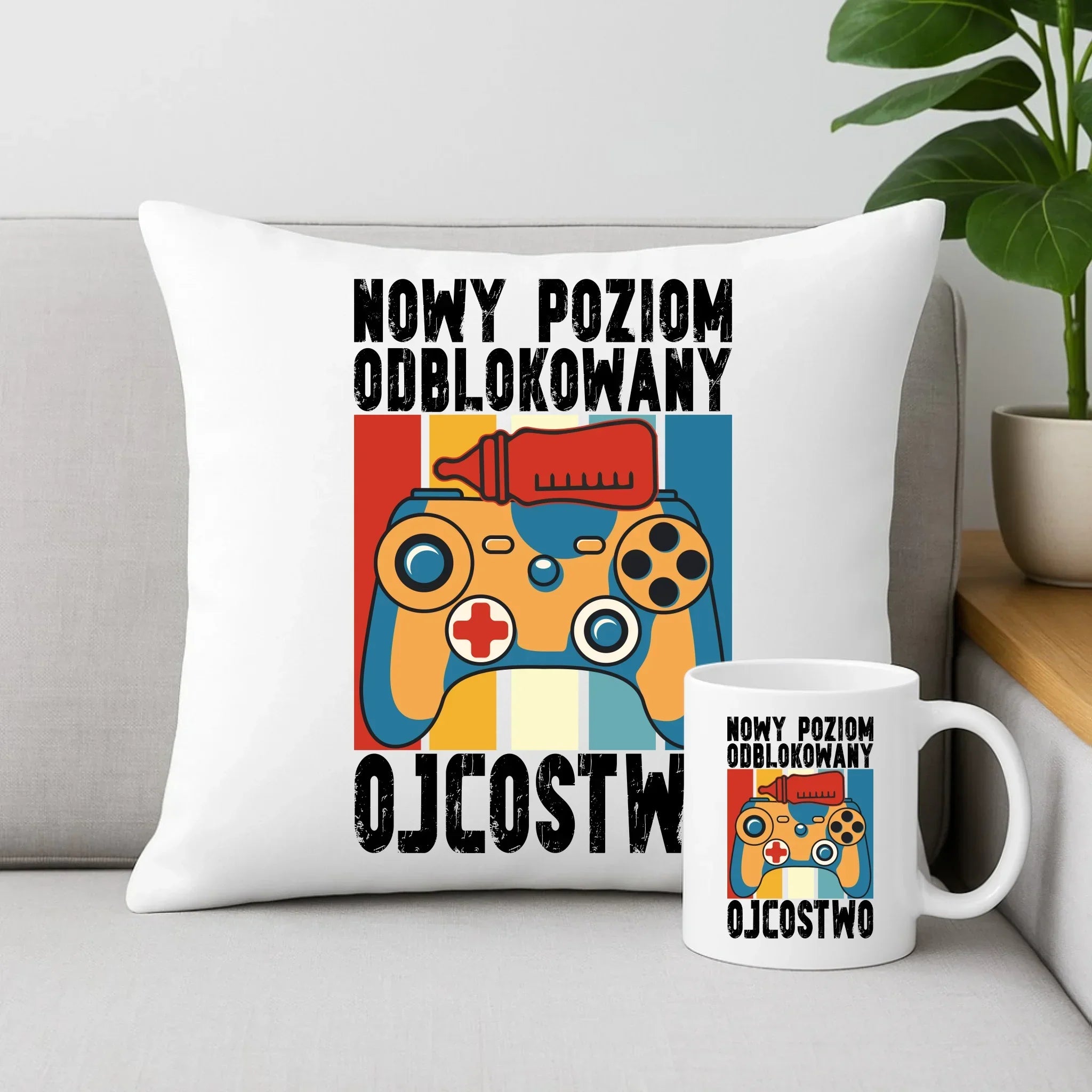Nowy poziom odblokowany Ojcostwo | Zestaw poduszka i kubek dla taty DT24 - StoryCups.pl