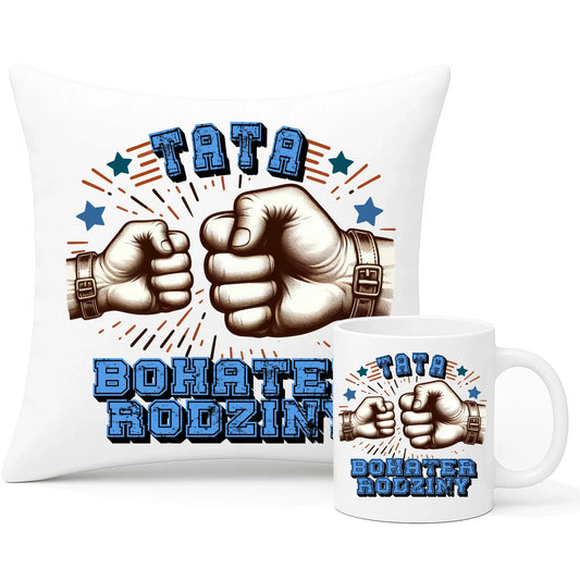 Tata bohater rodziny | Zestaw poduszka i kubek dla taty DT45 - StoryCups.pl