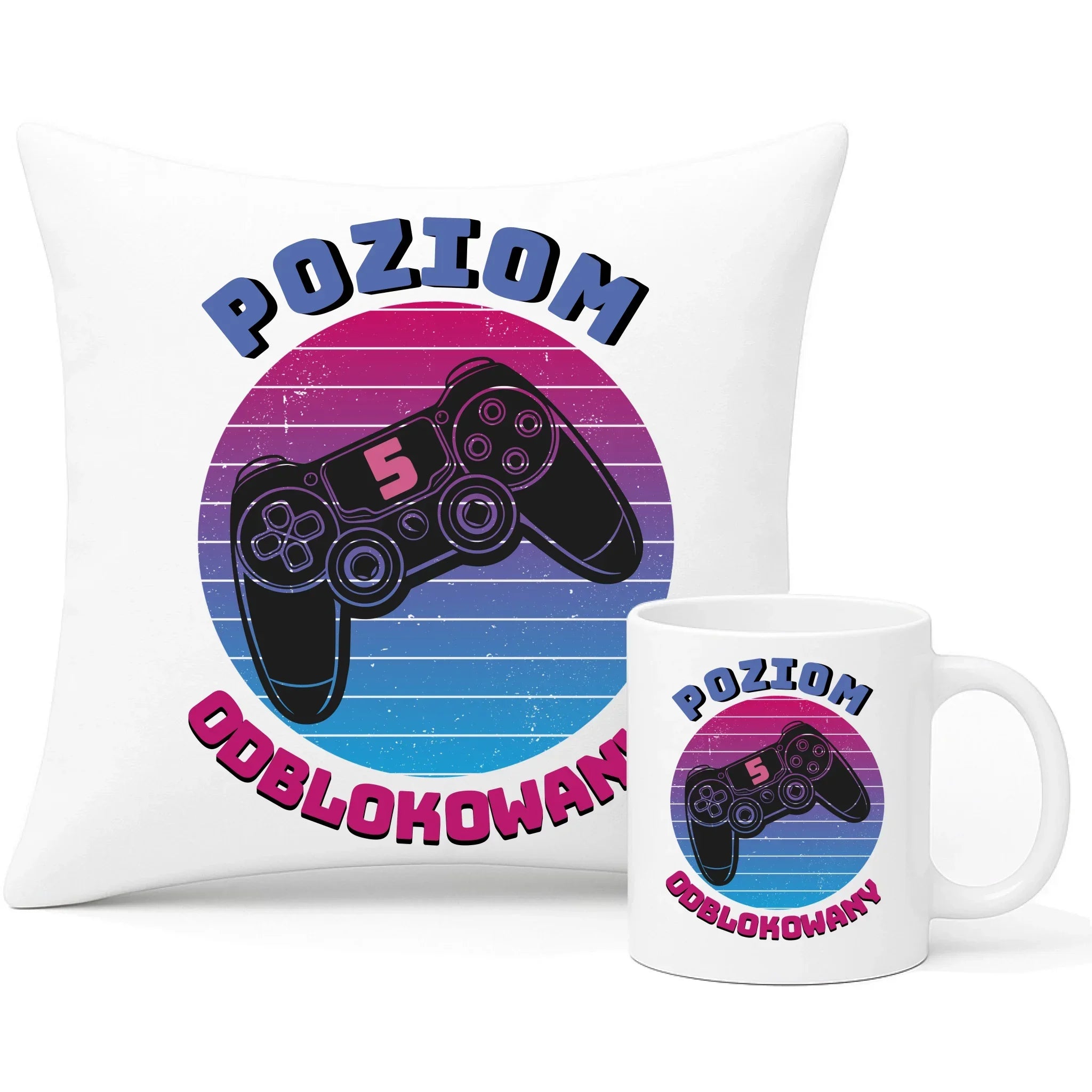 Zestaw poduszka i kubek powrót do szkoły Poziom odblokowany SZ02 - StoryCups.pl