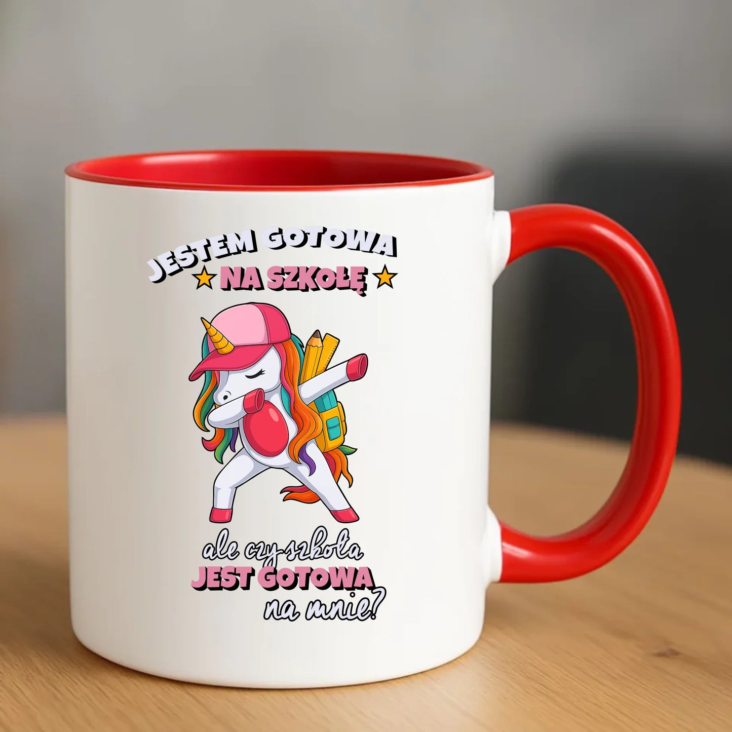 Czerwony kubek dla dziecka na rozpoczęcie roku szkolnego POWRÓT DO SZKOŁY PRZEDSZKOLA