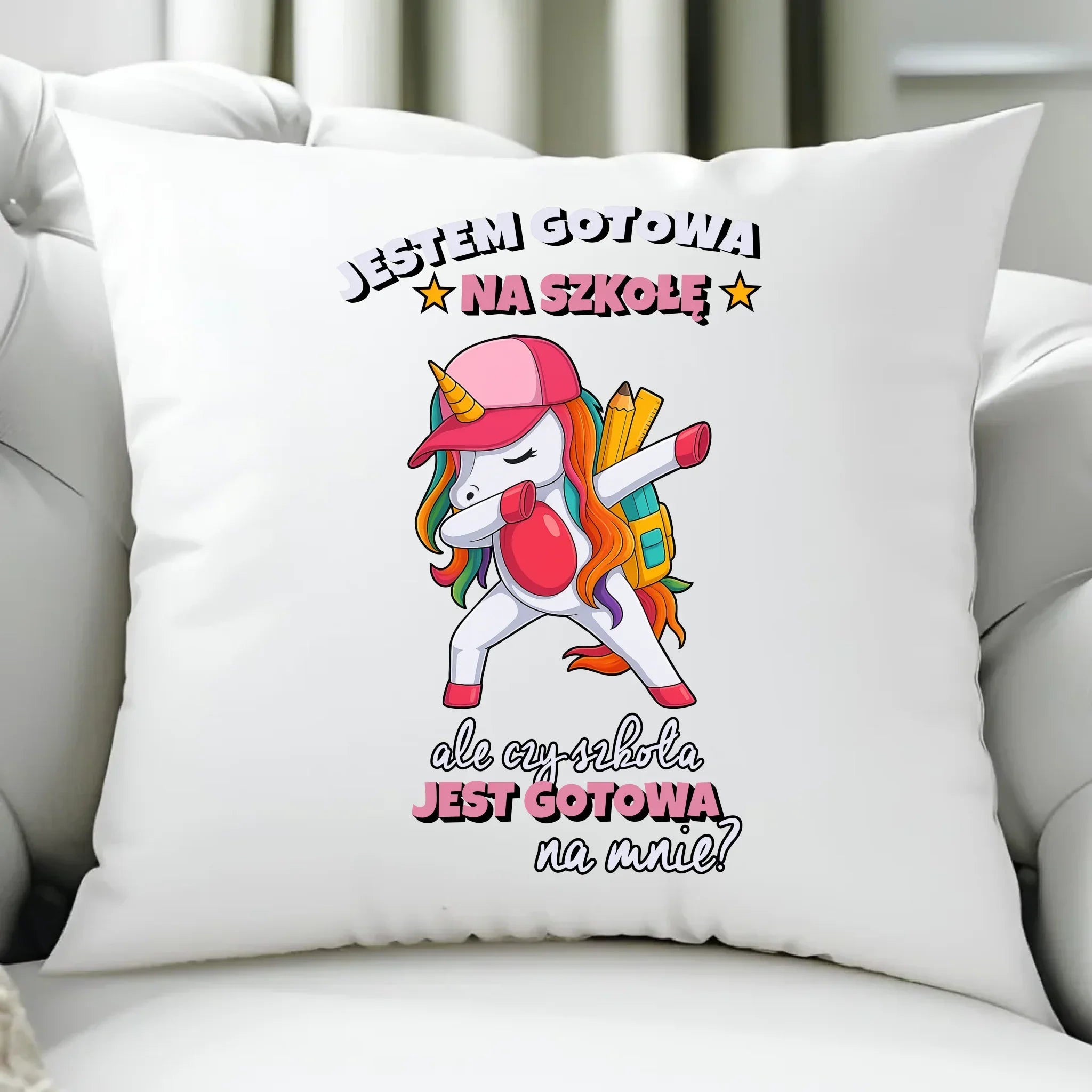 Poduszka z jednorożcem Jestem gotowa na szkołę SZ04 - StoryCups.pl