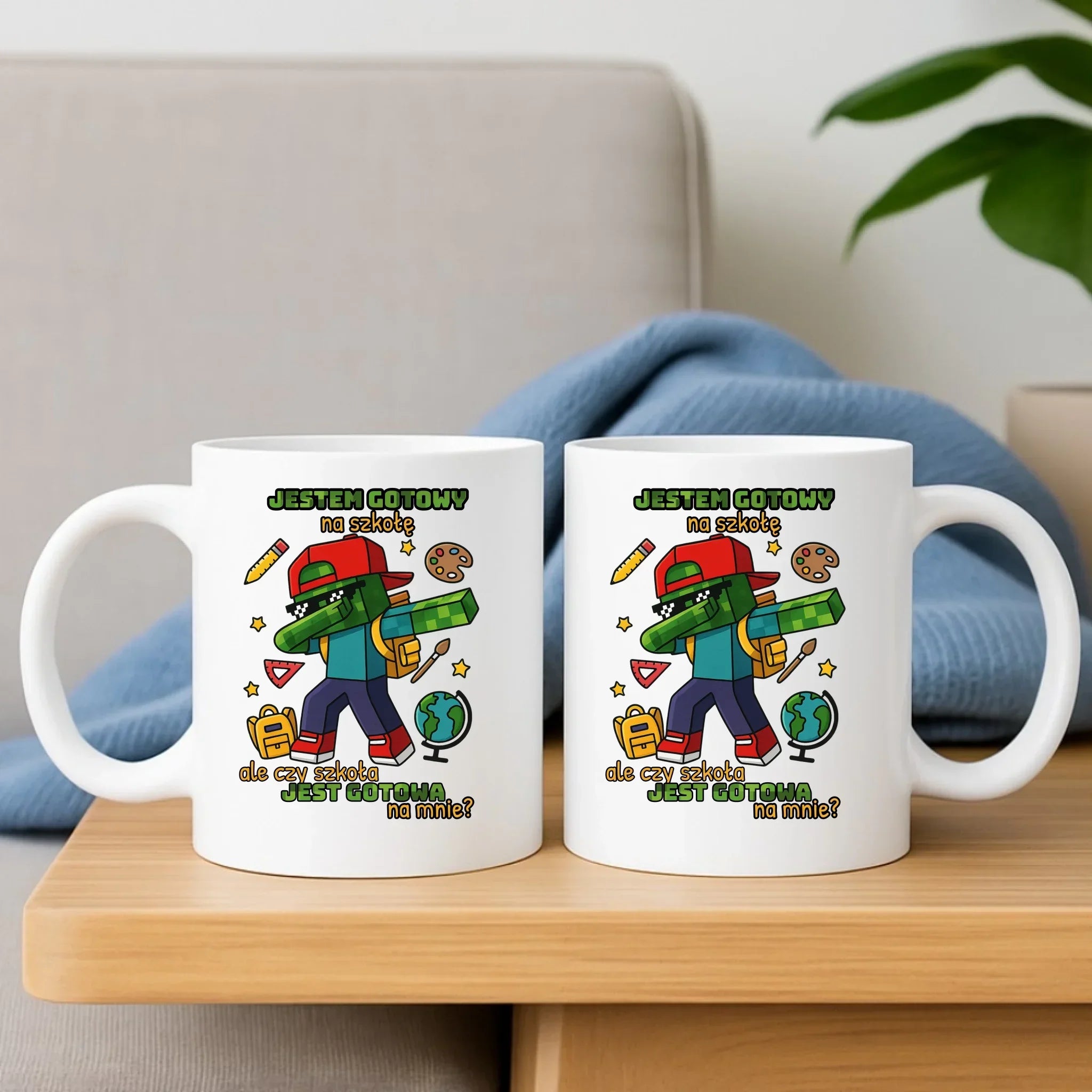 Zestaw poduszka i kubek inspirowany Minecraft'em Jestem gotowy na szkołę SZ05 - StoryCups.pl