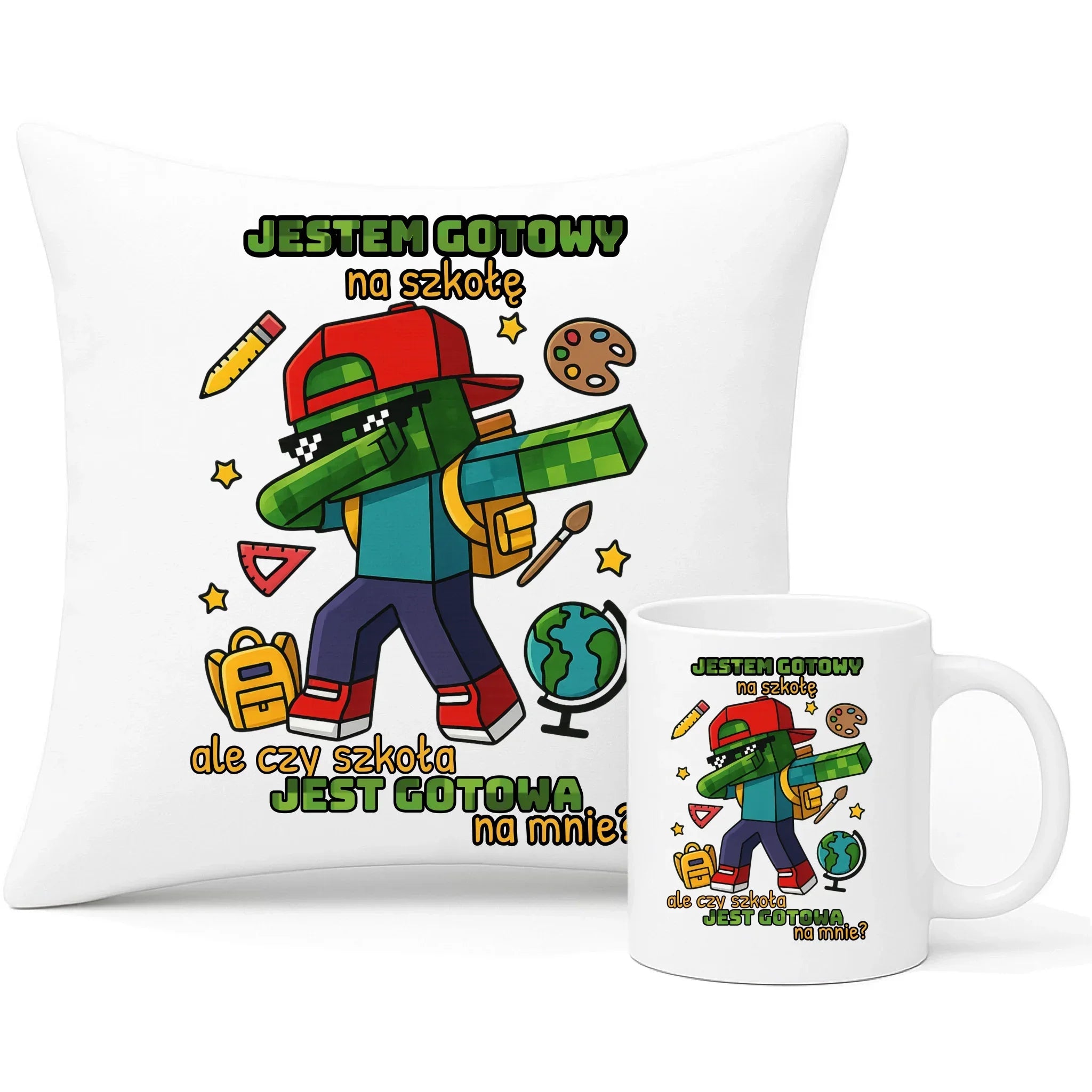 Zestaw poduszka i kubek inspirowany Minecraft'em Jestem gotowy na szkołę SZ05 - StoryCups.pl