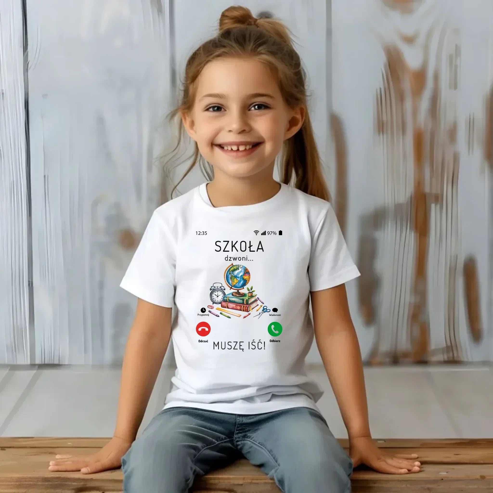 Koszulka dziecięca Szkoła dzwoni muszę iść biała SZ09 - StoryCups.pl