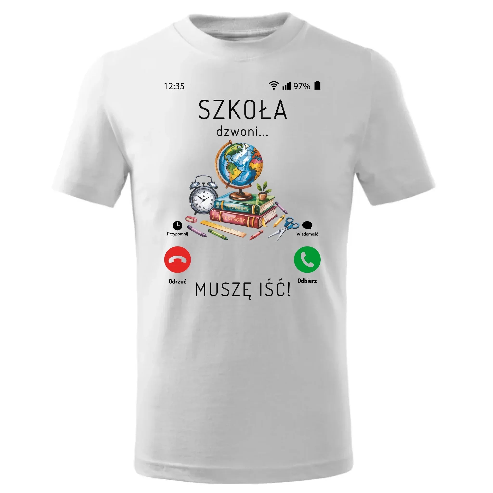 Koszulka dziecięca Szkoła dzwoni muszę iść biała SZ09 - StoryCups.pl