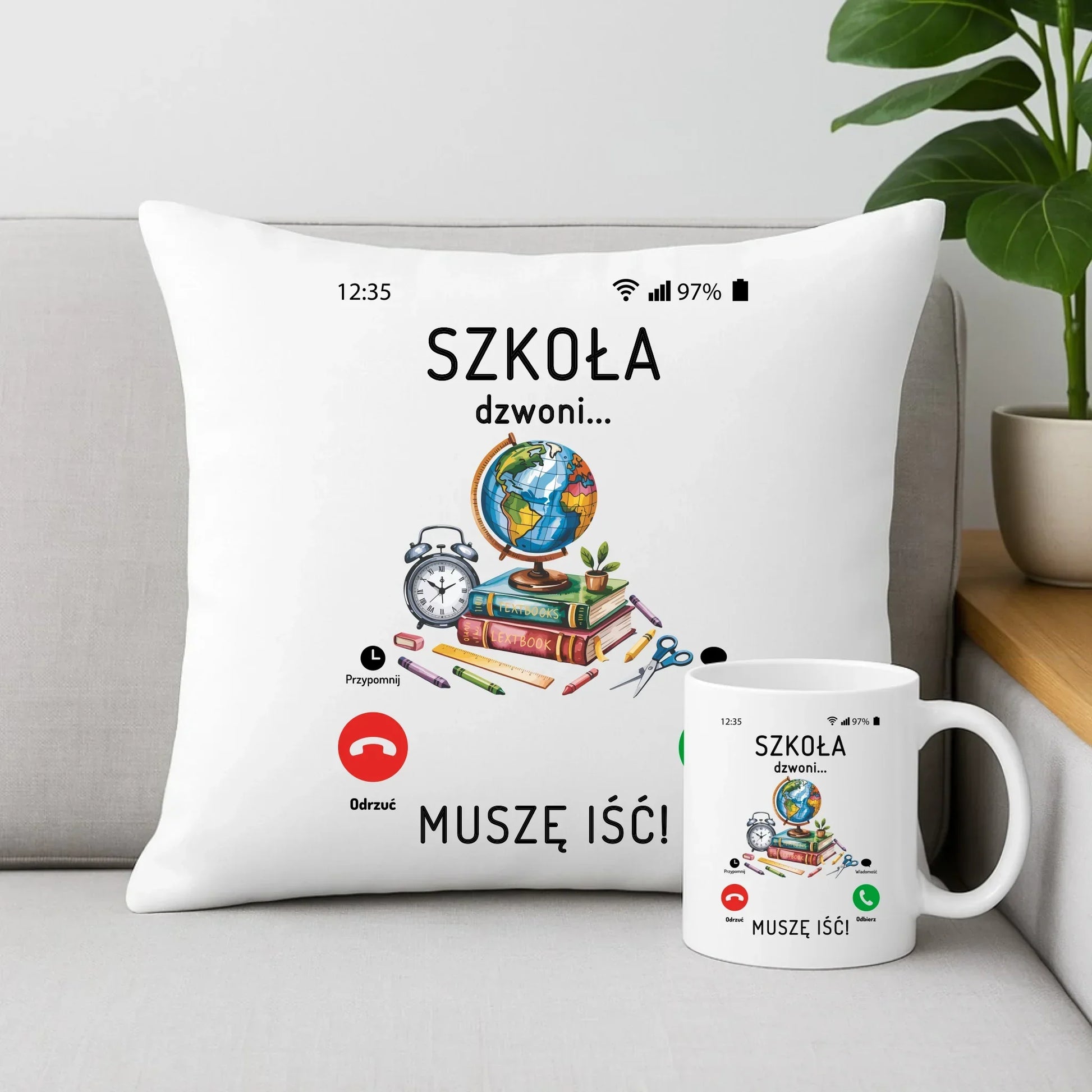 Zestaw poduszka i kubek Szkoła dzwoni muszę iść SZ09 - StoryCups.pl