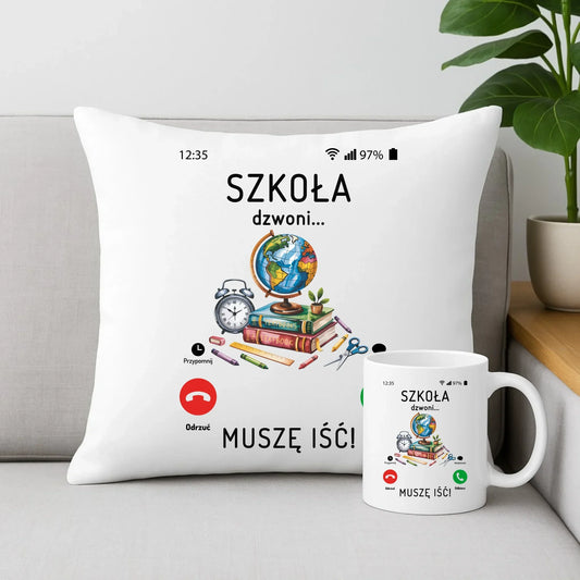 Zestaw poduszka i kubek Szkoła dzwoni muszę iść SZ09 - StoryCups.pl