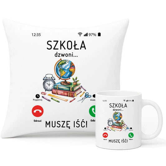 Zestaw poduszka i kubek Szkoła dzwoni muszę iść SZ09 - StoryCups.pl