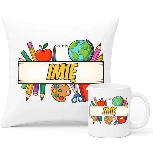 Zestaw poduszka i kubek szkolny z imieniem SZ10 - StoryCups.pl