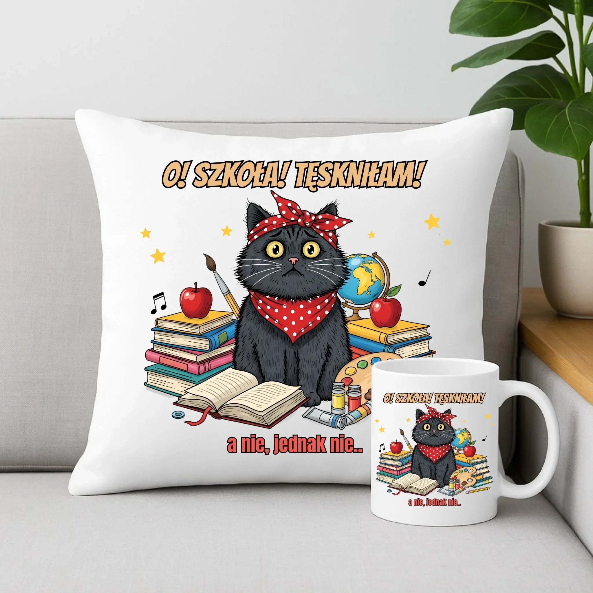 Zestaw poduszka i kubek szkolny O! Szkoła! Tęskniłam! a nie, jednak nie... SZ12 - StoryCups.pl