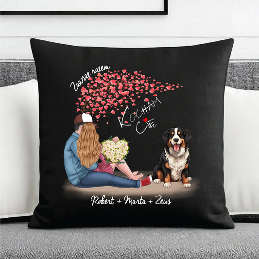 Personalizowana para + Berneńczyk | Poduszka dekoracyjna z imionami dla par W04A - StoryCups.pl