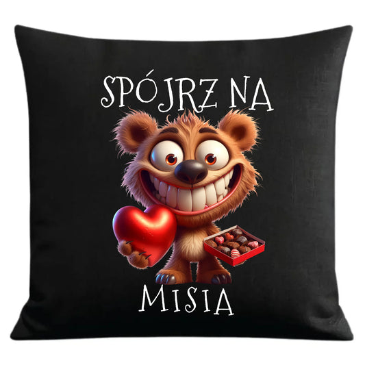 Czarna poduszka dekoracyjna dla par z personalizowanym nadrukiem