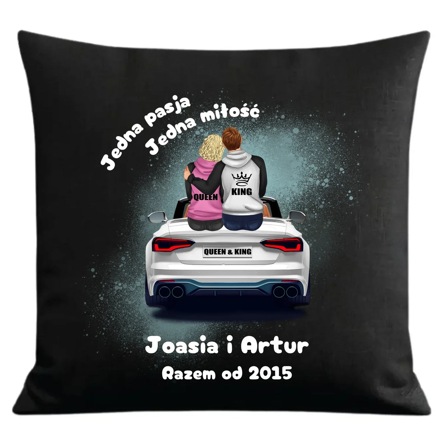 Jedna pasja, jedna miłość imiona | Personalizowana poduszka dekoracyjna dla par W06 - StoryCups.pl