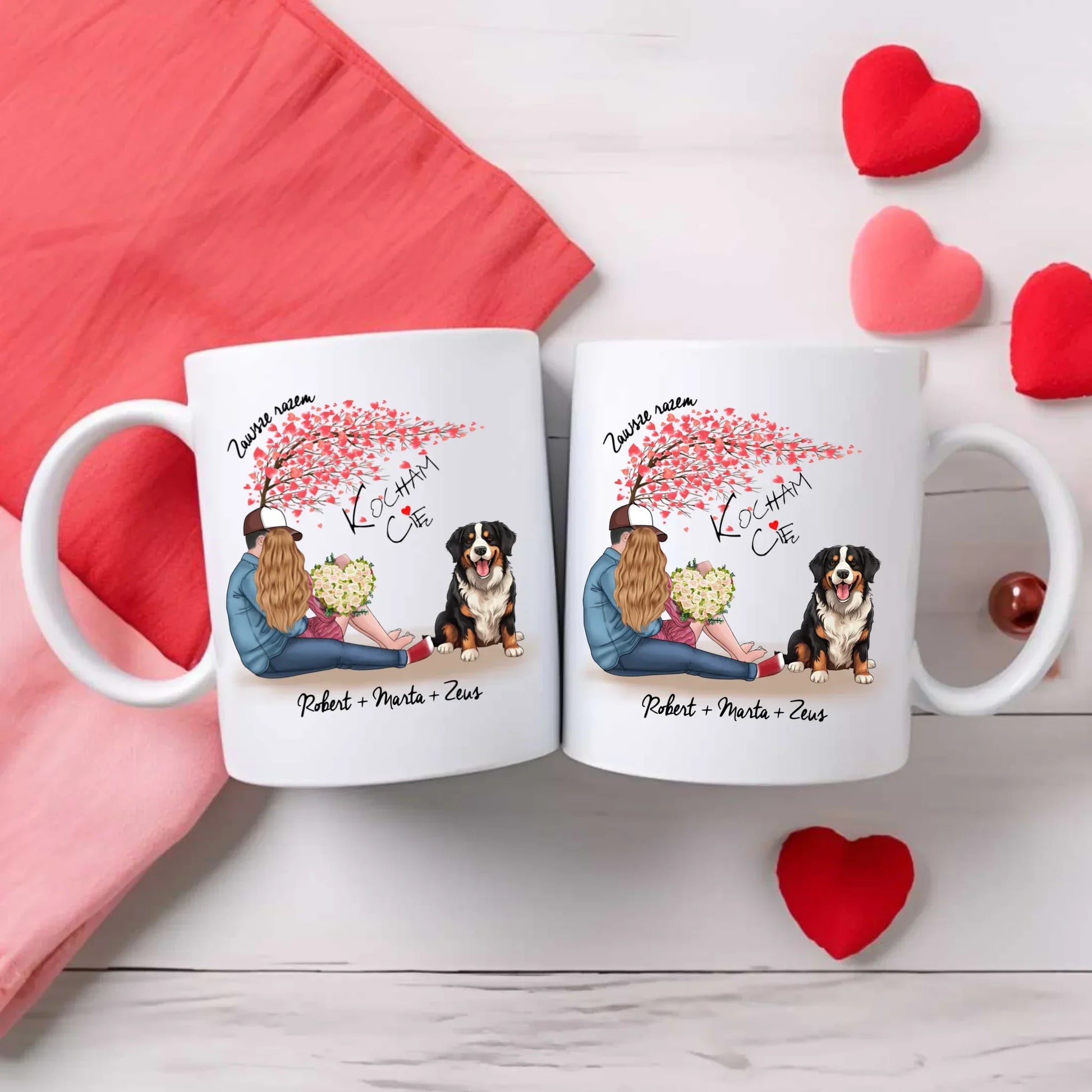 Personalizowana para + Berneńczyk | Kubek z imionami dla par W04A - StoryCups.pl