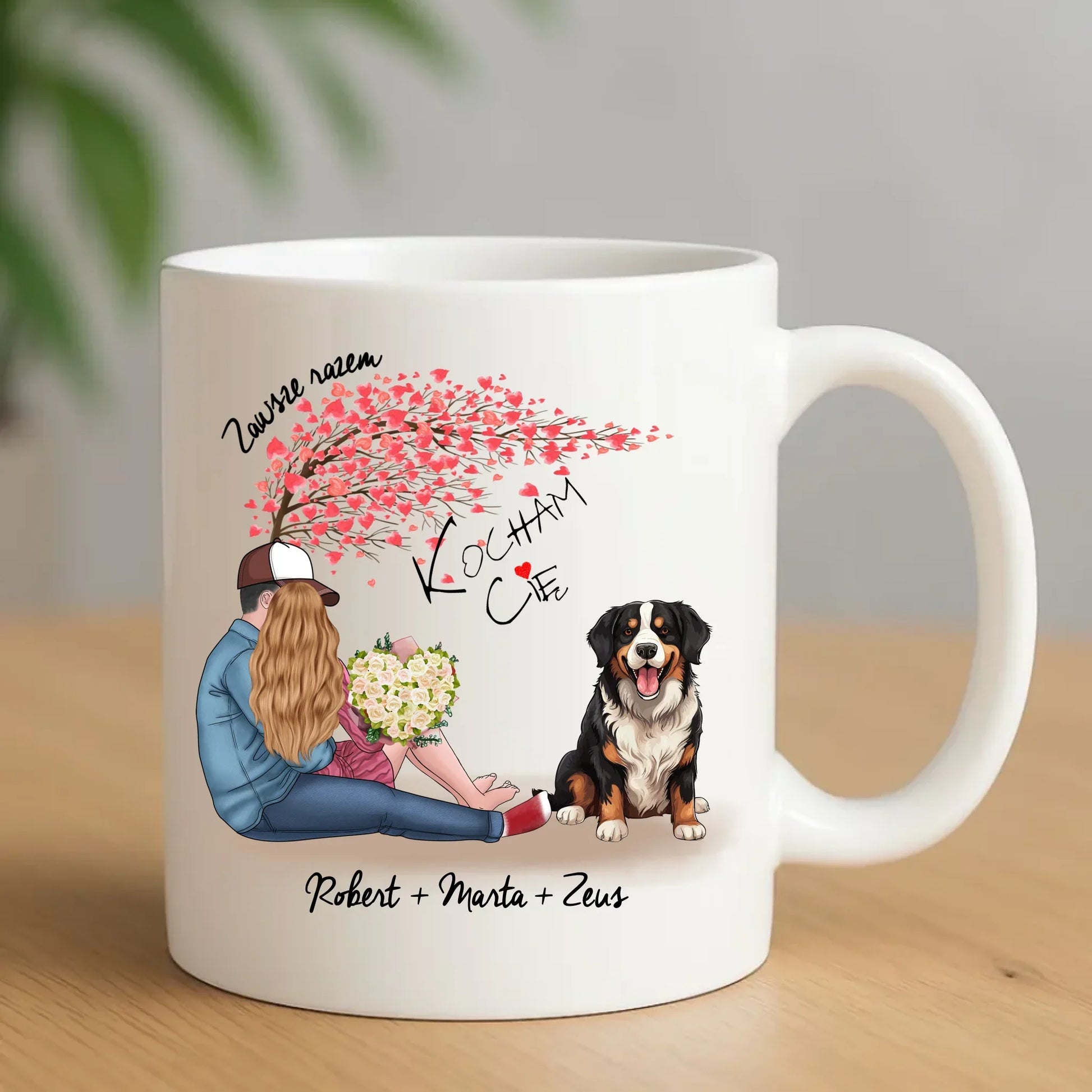 Personalizowana para + Berneńczyk | Kubek z imionami dla par W04A - StoryCups.pl