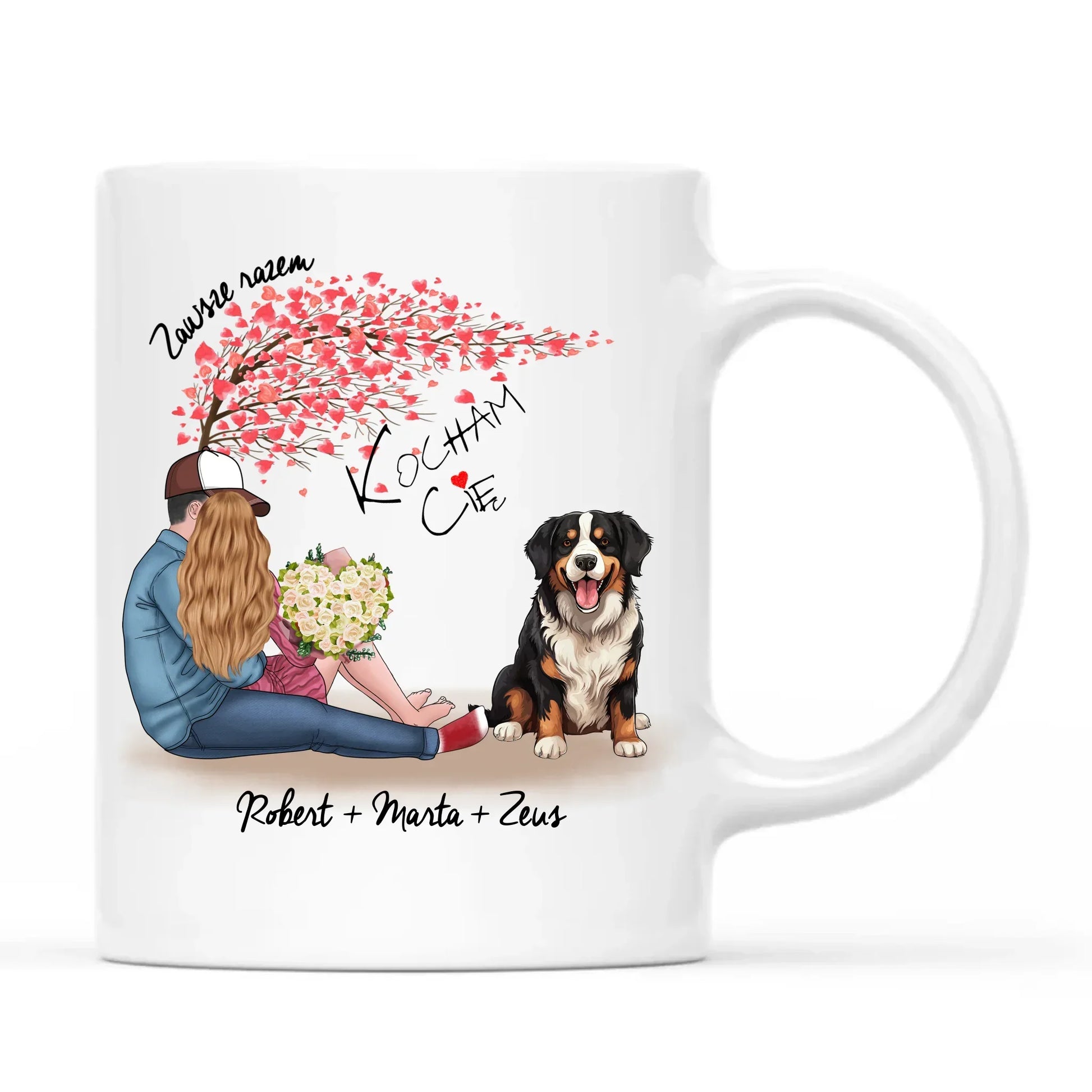 Personalizowana para + Berneńczyk | Kubek z imionami dla par W04A - StoryCups.pl