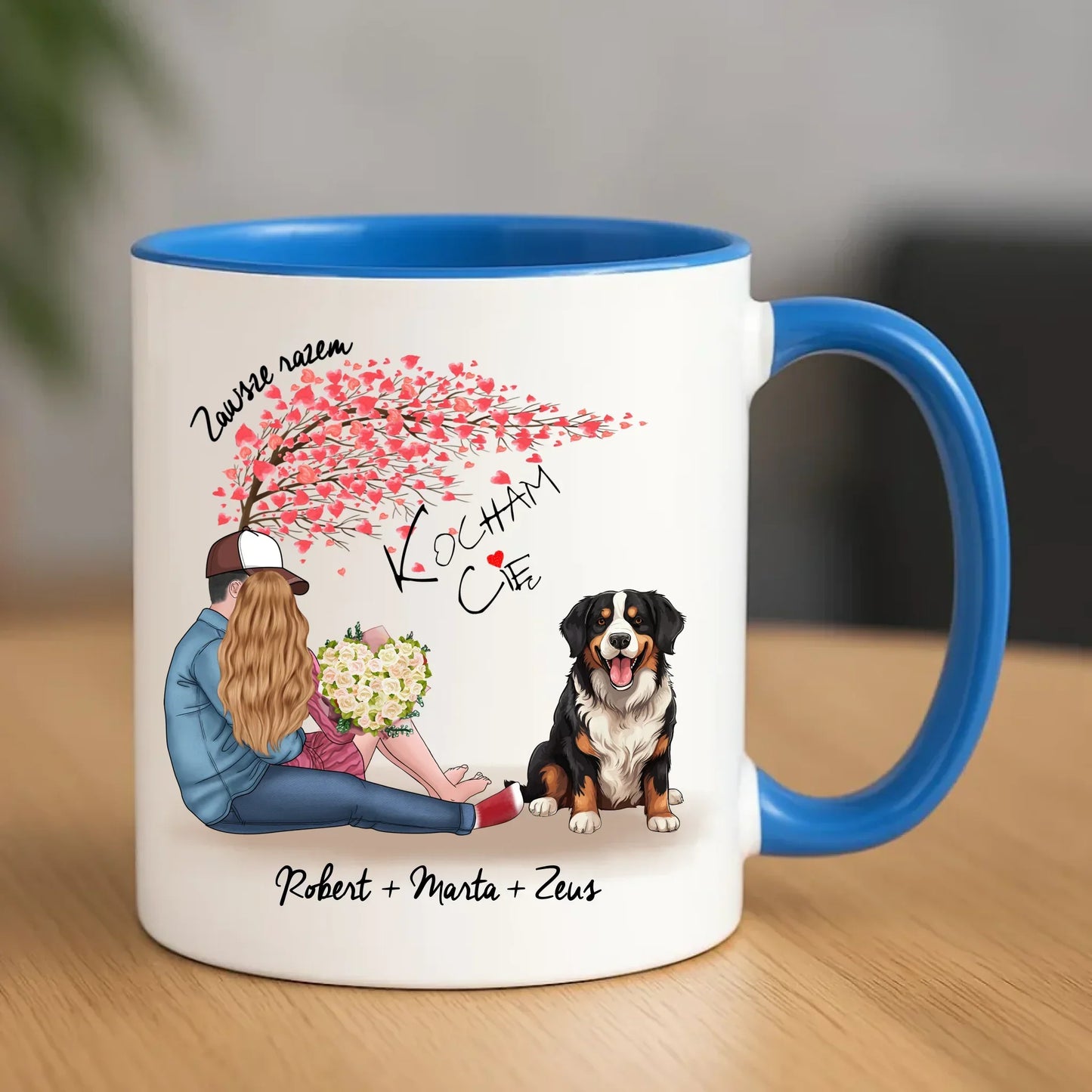 Personalizowana para + Berneńczyk | Kubek z imionami dla par W04A - StoryCups.pl