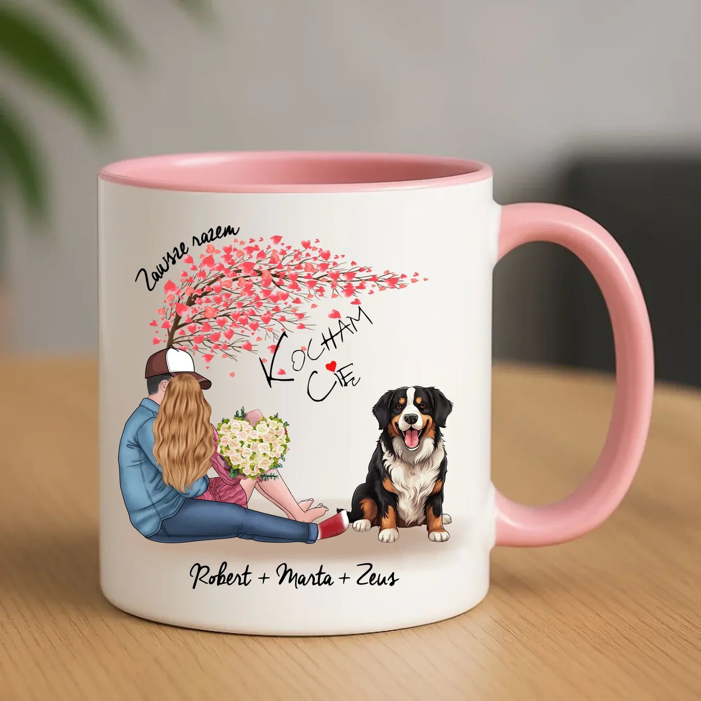 Personalizowana para + Berneńczyk | Kubek z imionami dla par W04A - StoryCups.pl