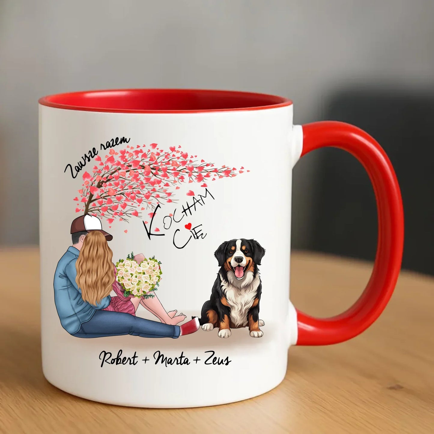 Personalizowana para + Berneńczyk | Kubek z imionami dla par W04A - StoryCups.pl