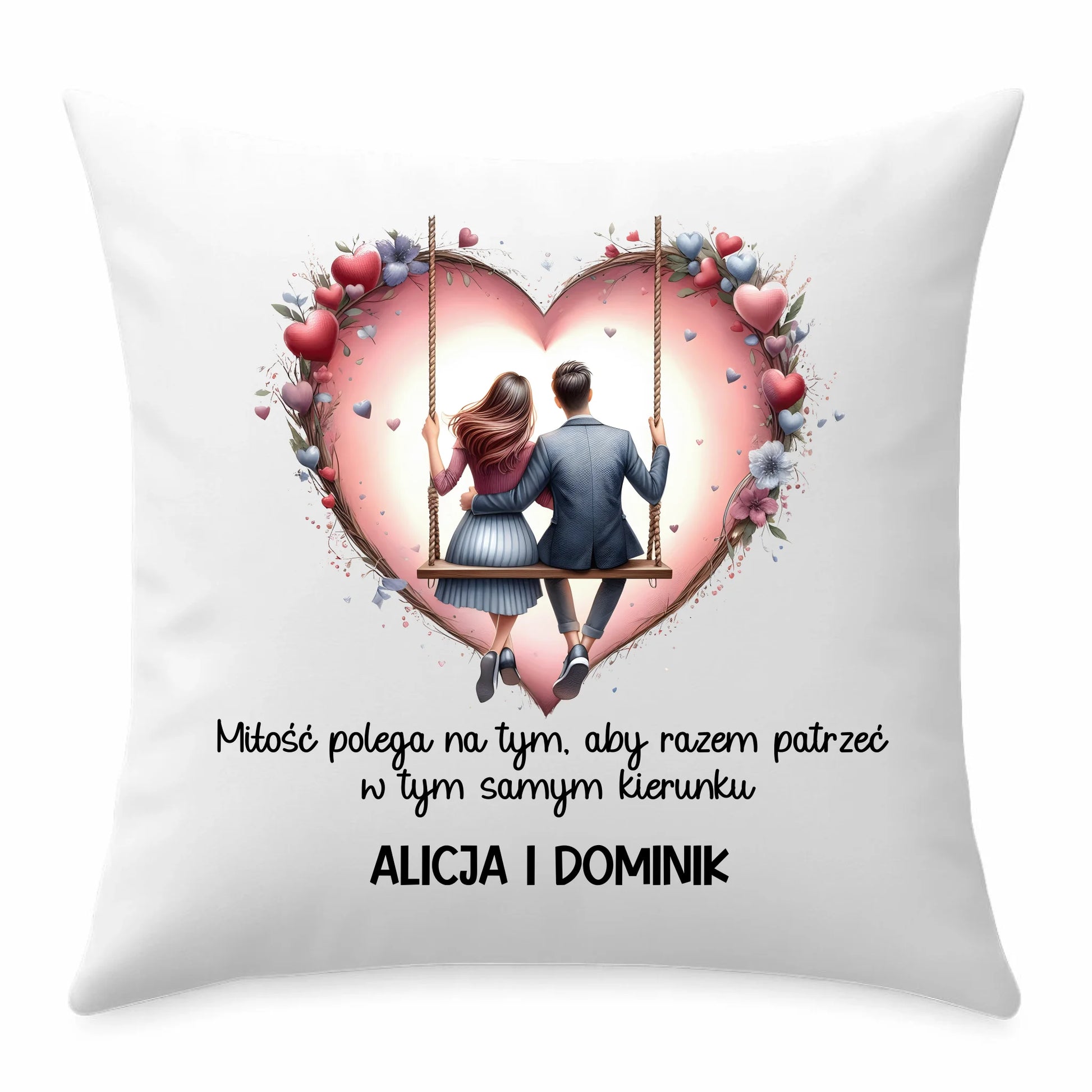 Poduszka dla par - prezent dla chłopaka i dziewczyny - Para na huśtawce - personalizowana W12 - StoryCups.pl