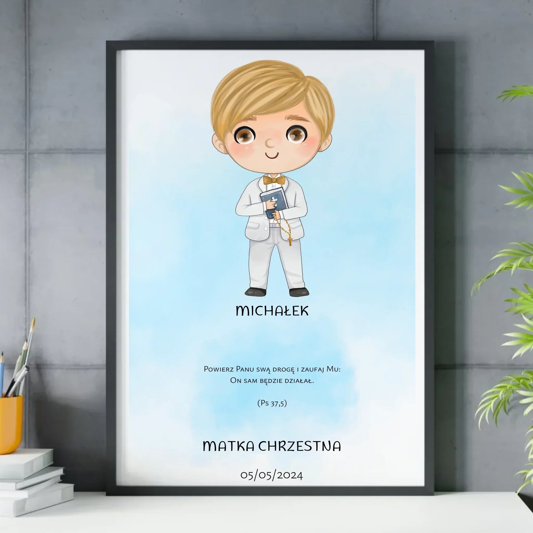 Obraz w ramie Pierwsza Komunia Święta dla chłopca personalizacja cytat PK05 - StoryCups.pl