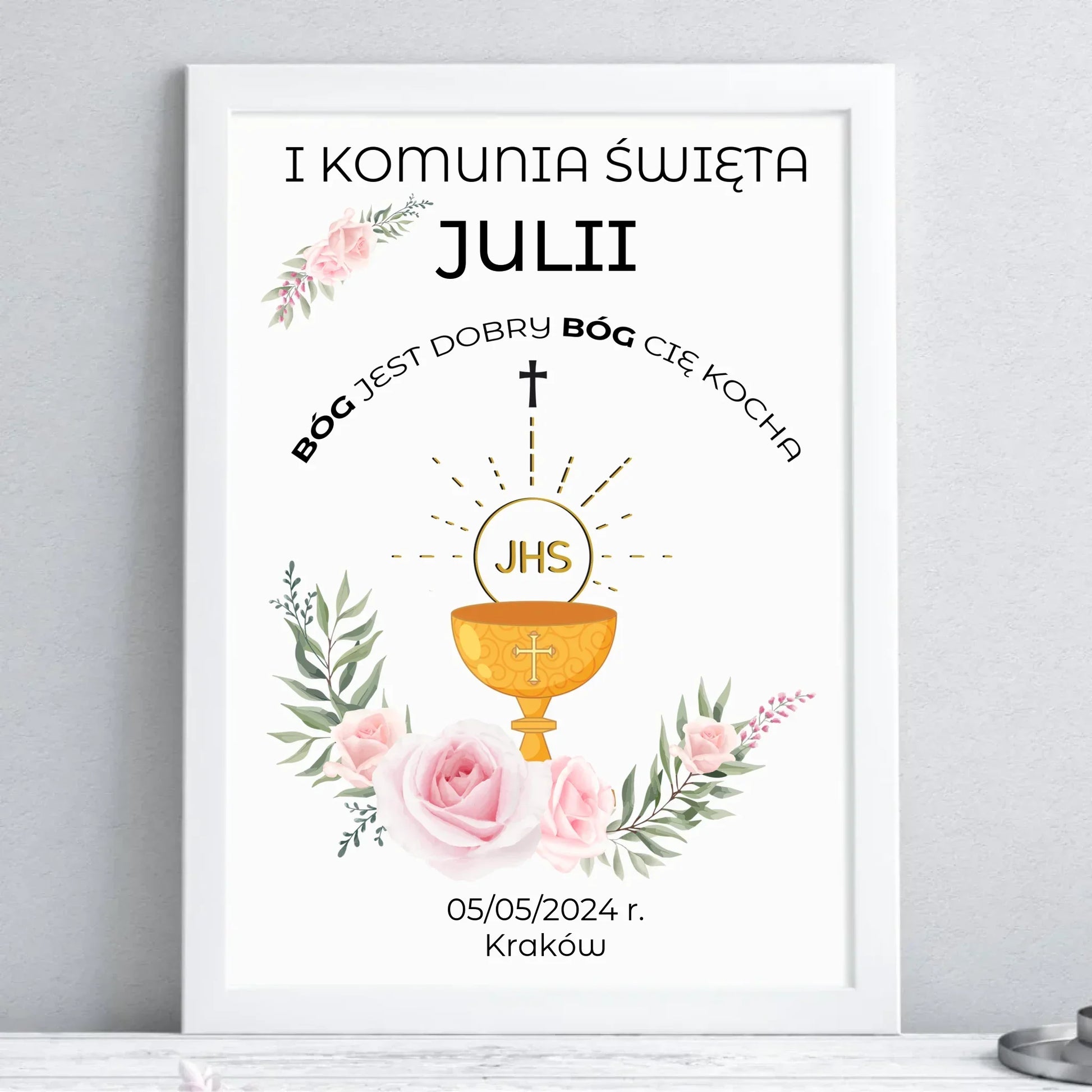 Obraz w ramie pamiątka Pierwsza Komunia Święta imię, data, miejscowość PK01 - StoryCups.pl