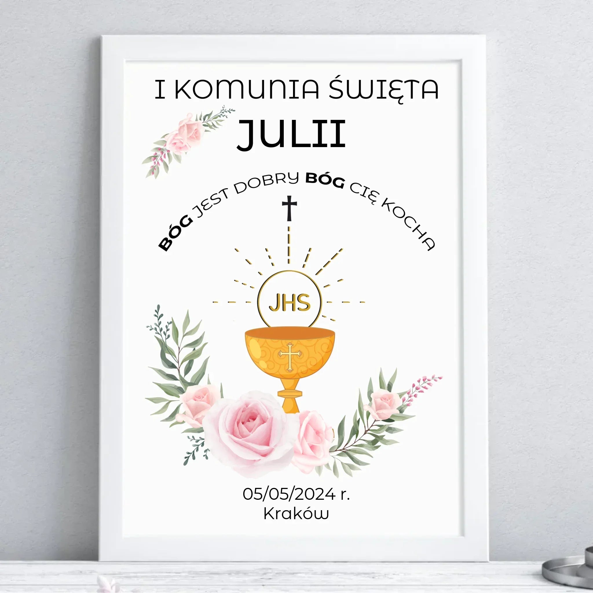 Obraz w ramie pamiątka Pierwsza Komunia Święta imię, data, miejscowość PK01 - StoryCups.pl