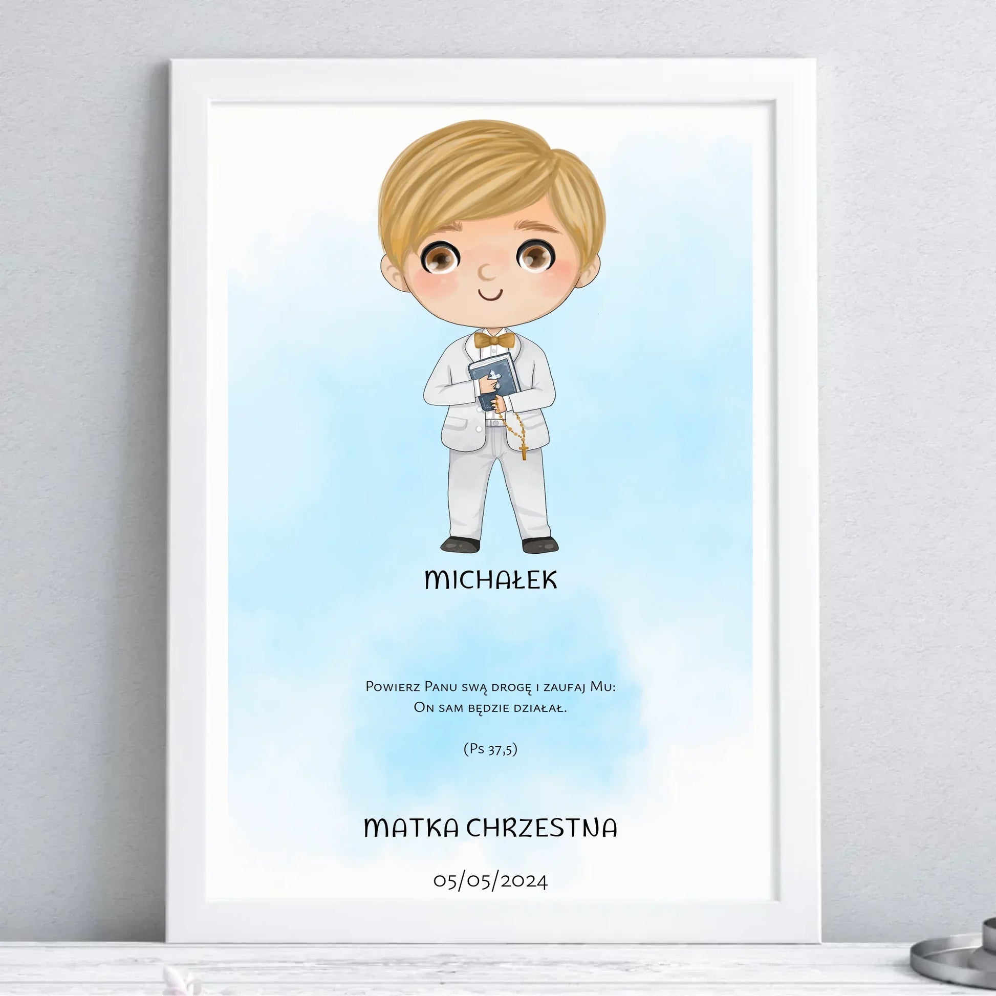 Obraz w ramie Pierwsza Komunia Święta dla chłopca personalizacja cytat PK05 - StoryCups.pl