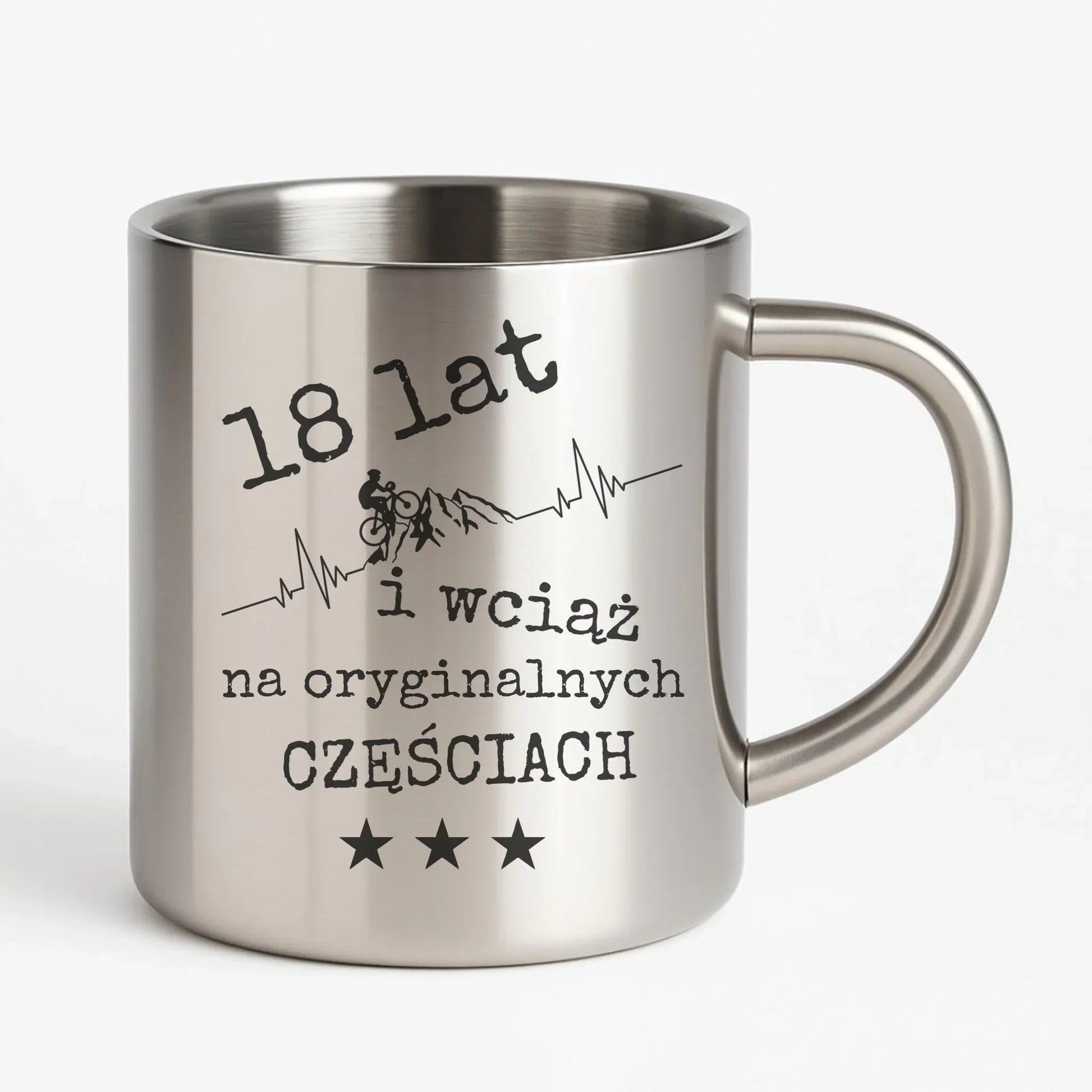 Wciąż na oryginalnych częściach | Kubek metalowy na urodziny dla rowerzysty U28 - StoryCups.pl