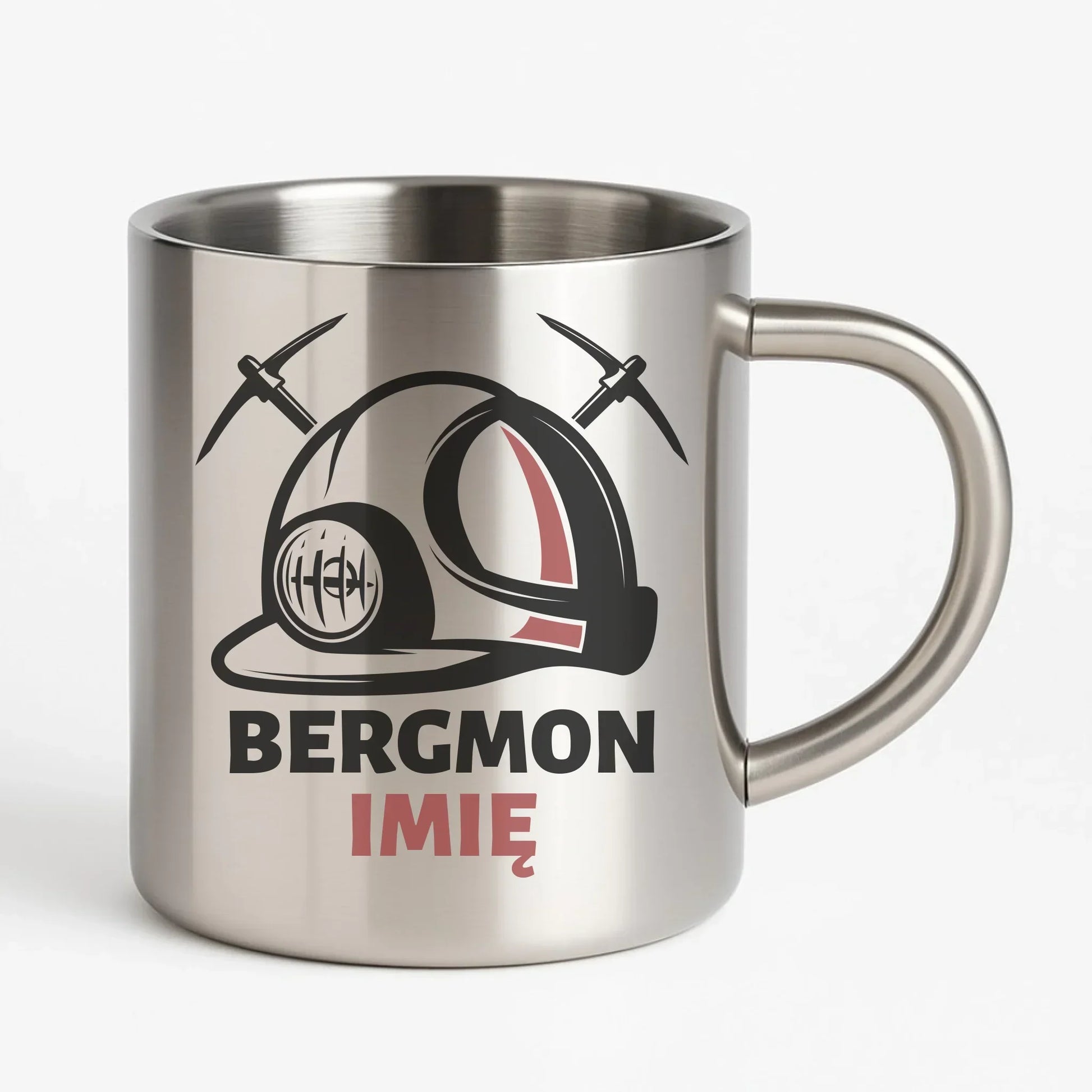Bergmon imię | Personalizowany kubek metalowy dla górnika na prezent Barbórka G07 - StoryCups.pl