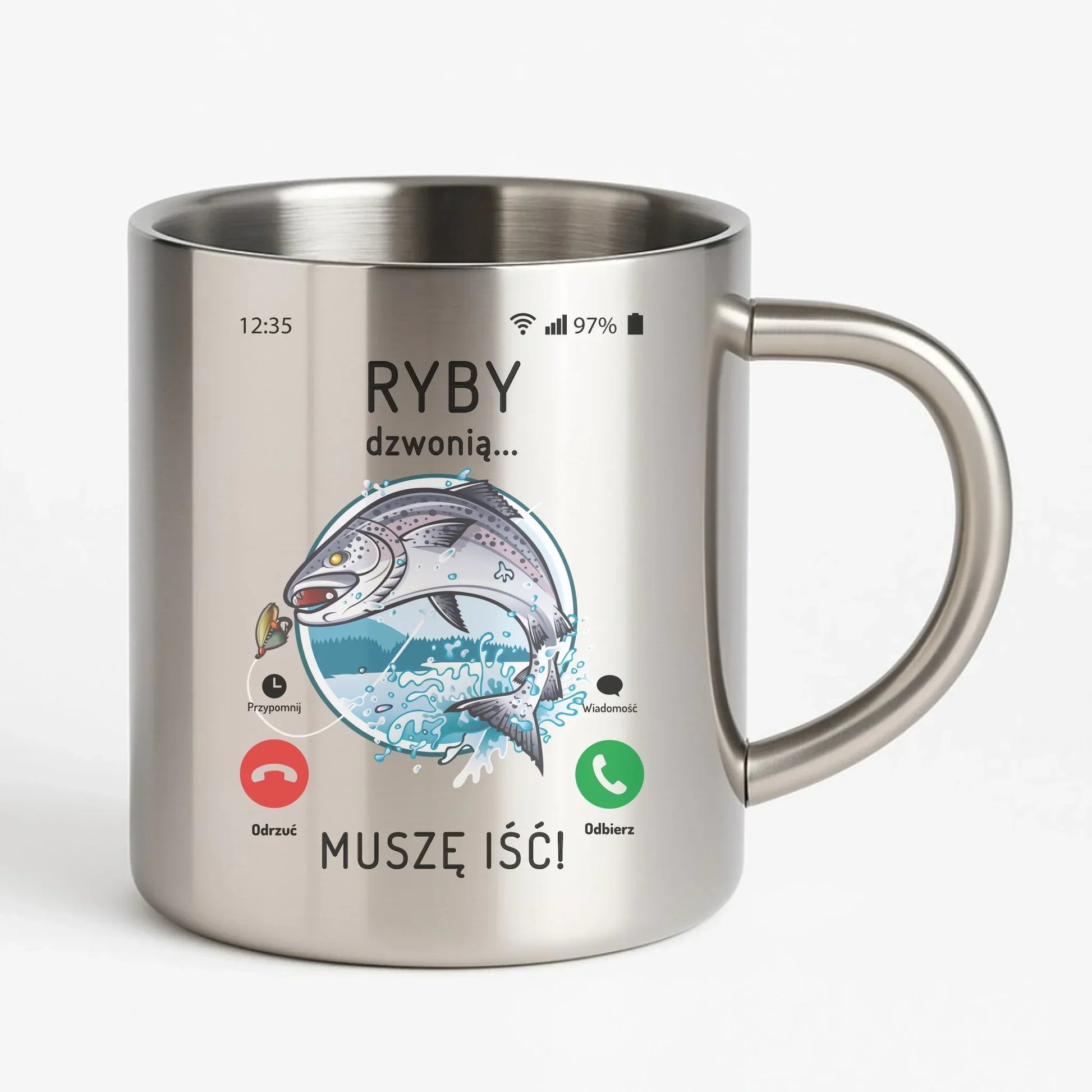 Ryby dzwonią muszę iść | Kubek metalowy dla wędkarza D37 - StoryCups.pl