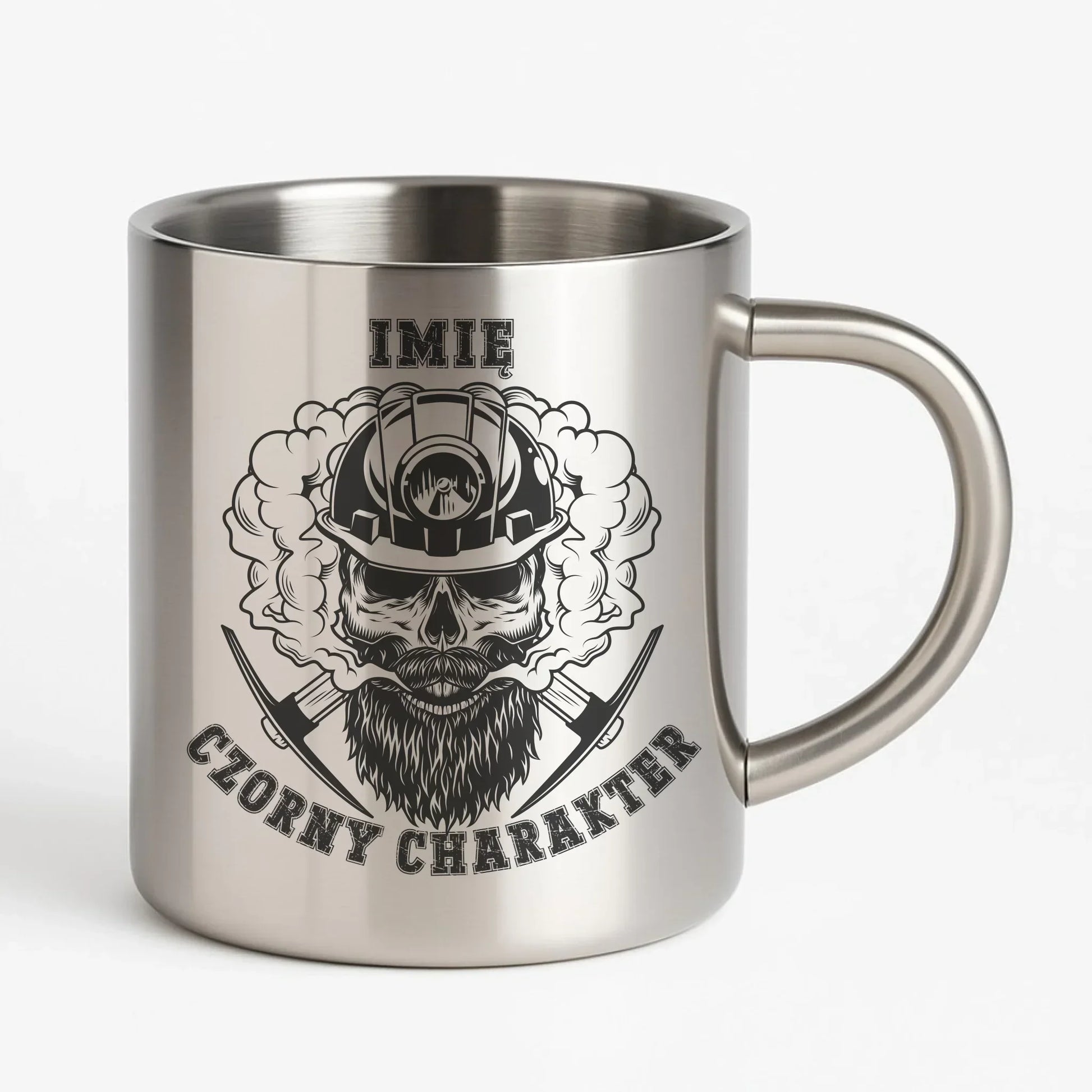 Czorny charakter imię | Personalizowany kubek metalowy dla górnika na prezent G06 - StoryCups.pl