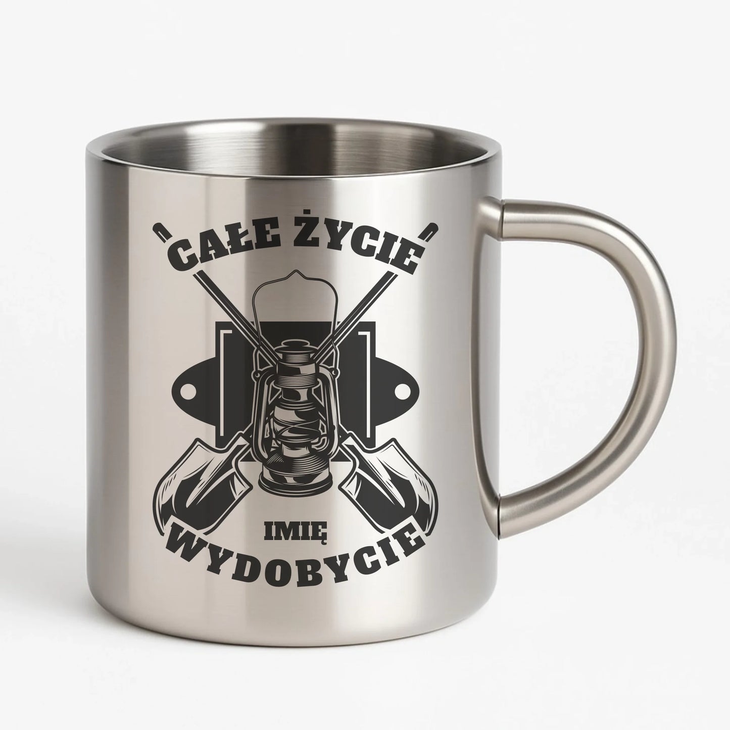 Kubek metalowy - prezent dla górnika - Całe życie wydobycie - personalizowany G01 - StoryCups.pl