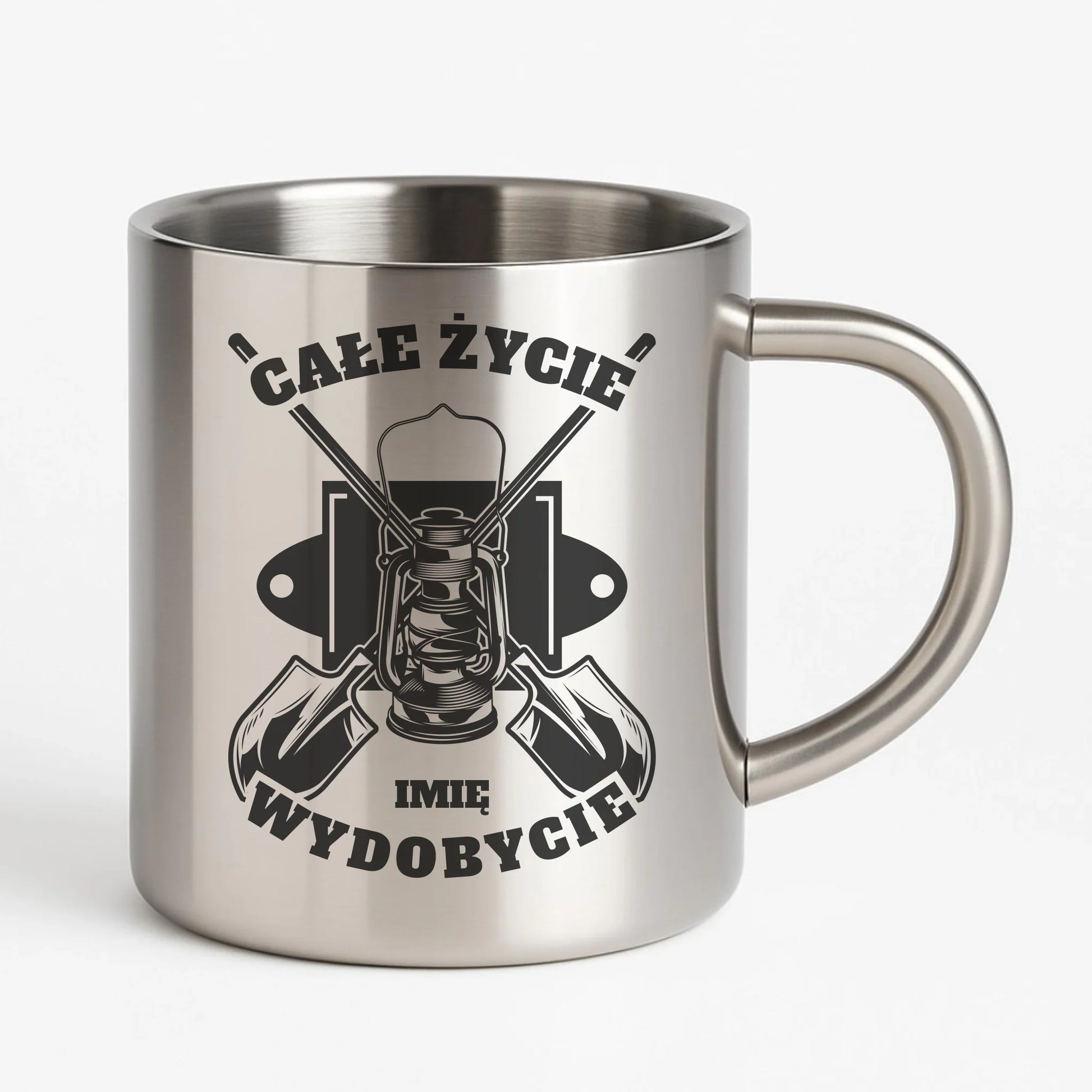 Kubek metalowy - prezent dla górnika - Całe życie wydobycie - personalizowany G01 - StoryCups.pl