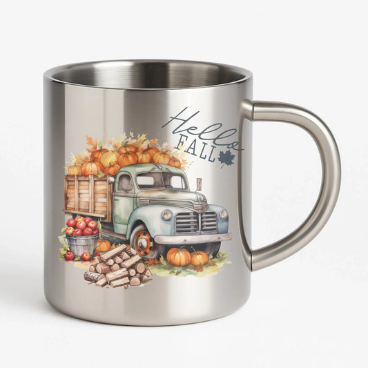 Kubek metalowy jesienny – Hello Fall ciężarówka z dyniami JS08 - StoryCups.pl