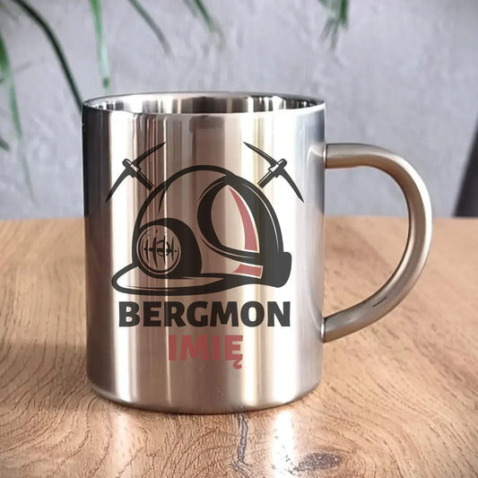 Bergmon imię | Personalizowany kubek metalowy dla górnika na prezent Barbórka G07 - StoryCups.pl