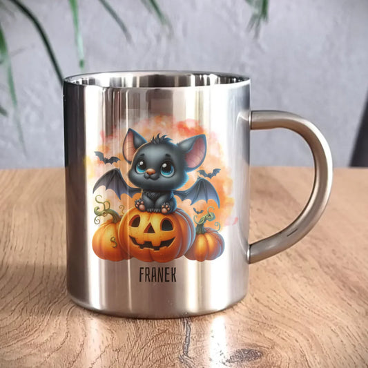 Słodki nietoperz z dynią | Personalizowany kubek metalowy HL09 - StoryCups.pl